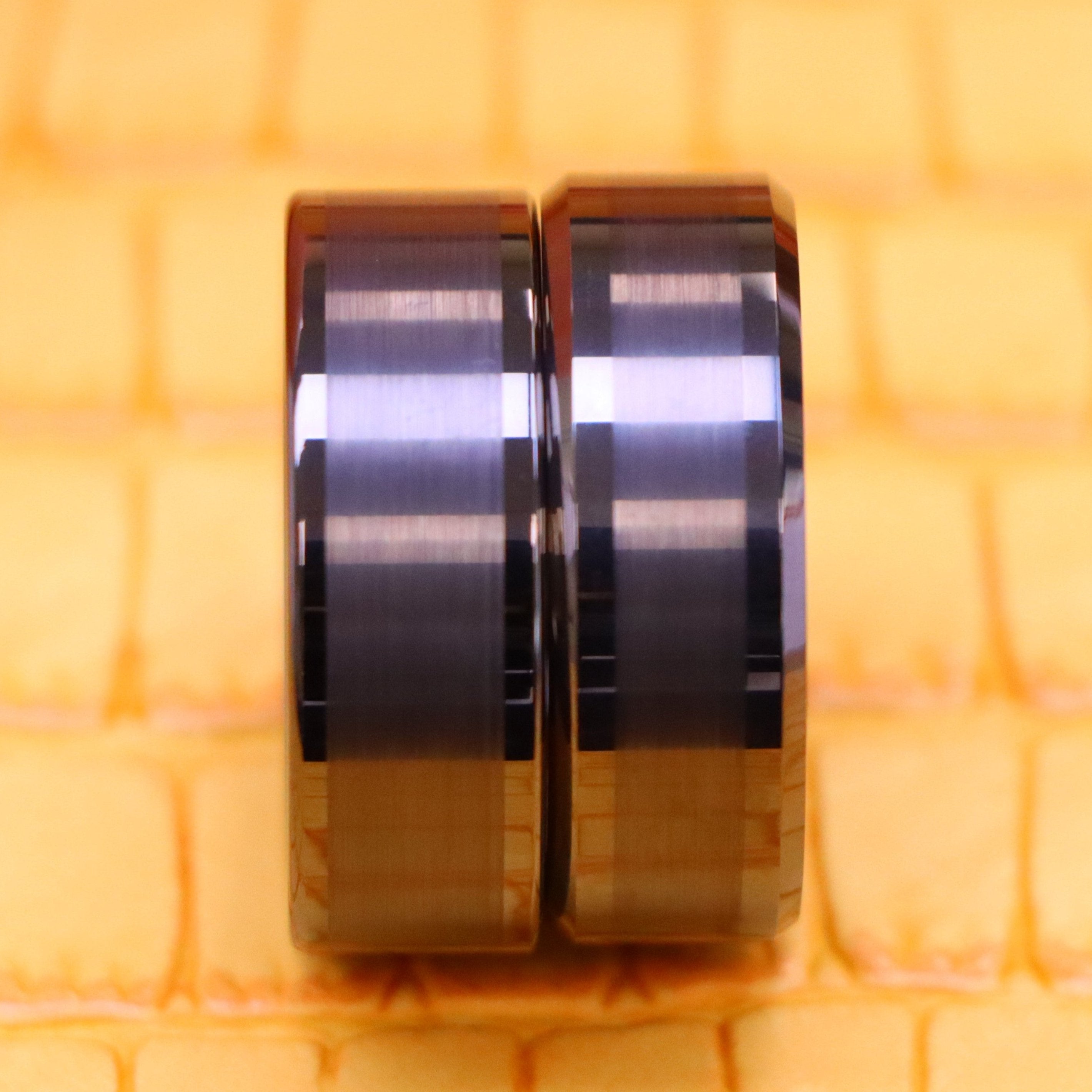 8mm Gun Metal IP Plated Pipe Cut Brushed Center Shiny Lines Beveled Edge/Flat Edge Tungsten Ring