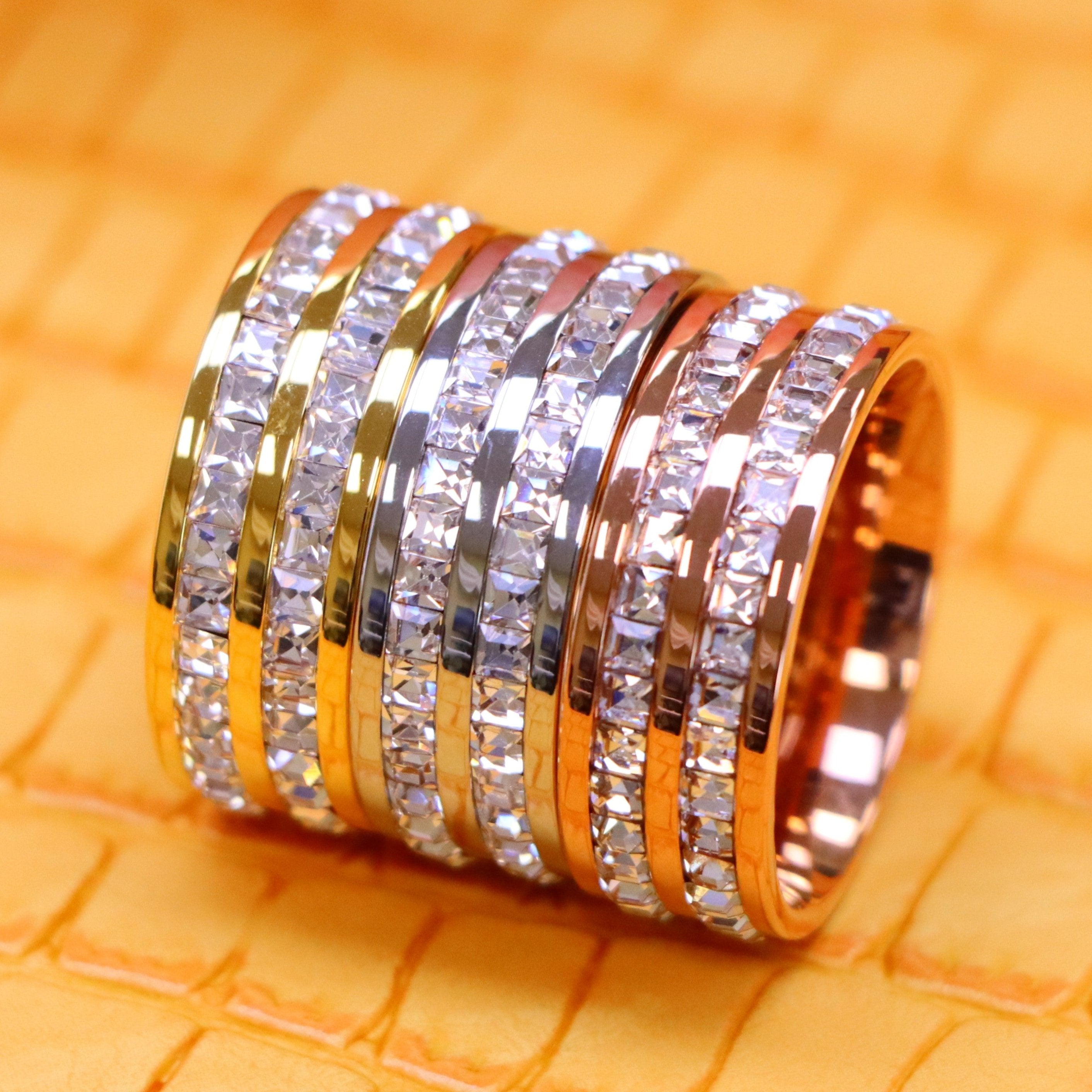 8mm Rose Gold IP Plated//Yellow Gold IP/Unplated Titanium Ring with Double Row Princess Cut Eternity CZ