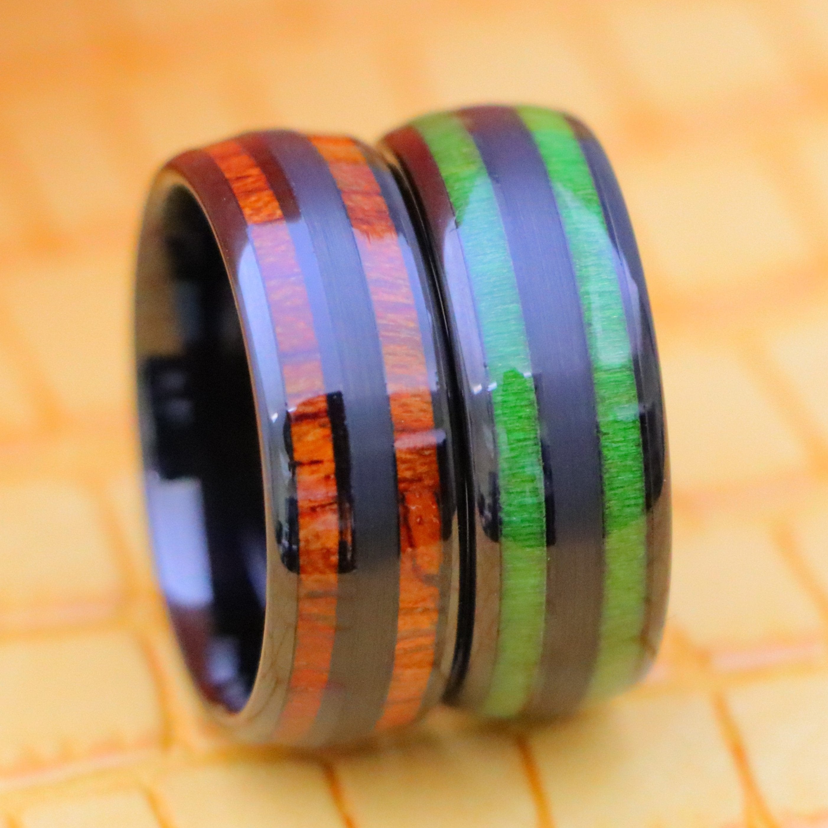 8mm Tungsten Ring Black IP &amp; Koa Wood Inlay / Jade Wood Inlay