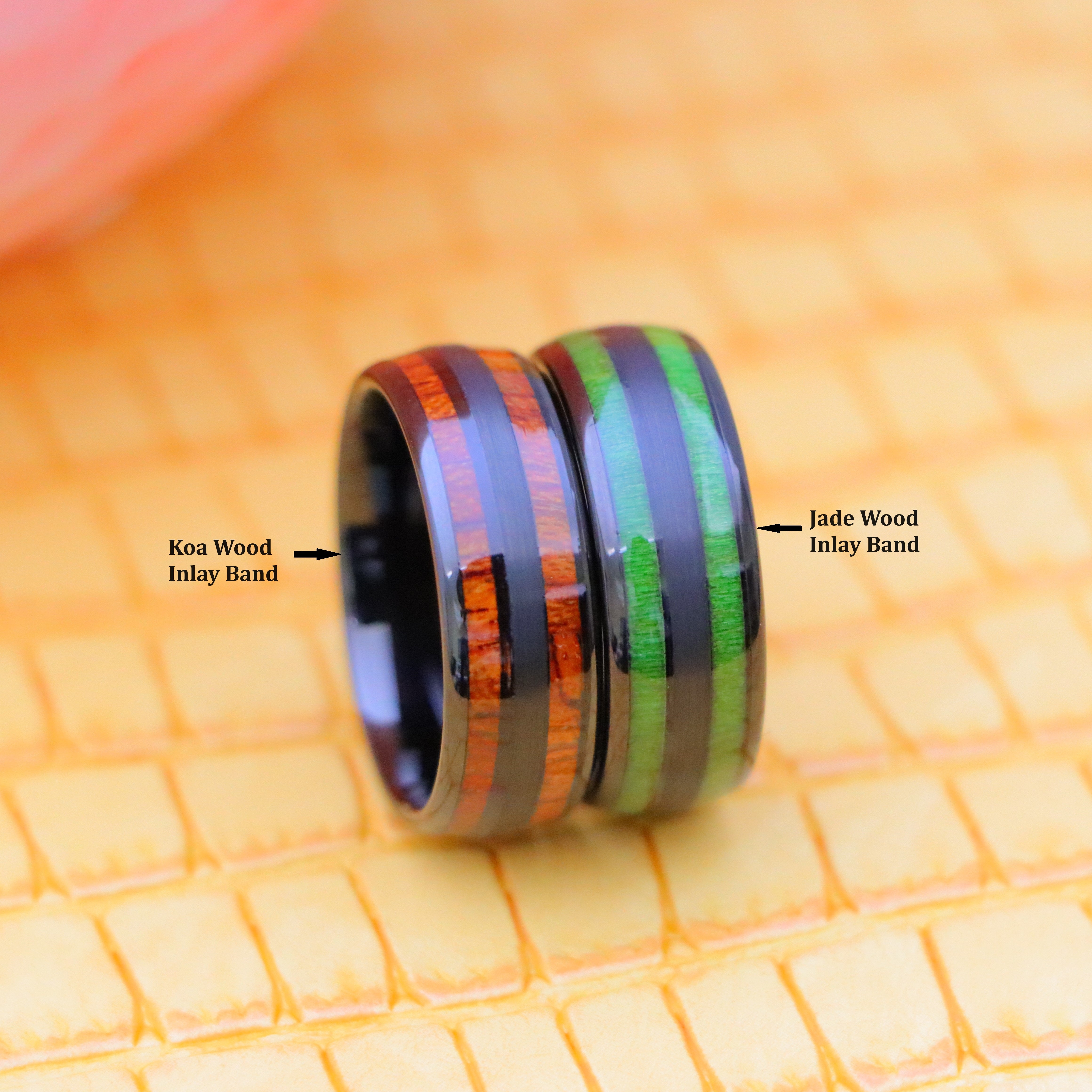 8mm Tungsten Ring Black IP &amp; Koa Wood Inlay / Jade Wood Inlay