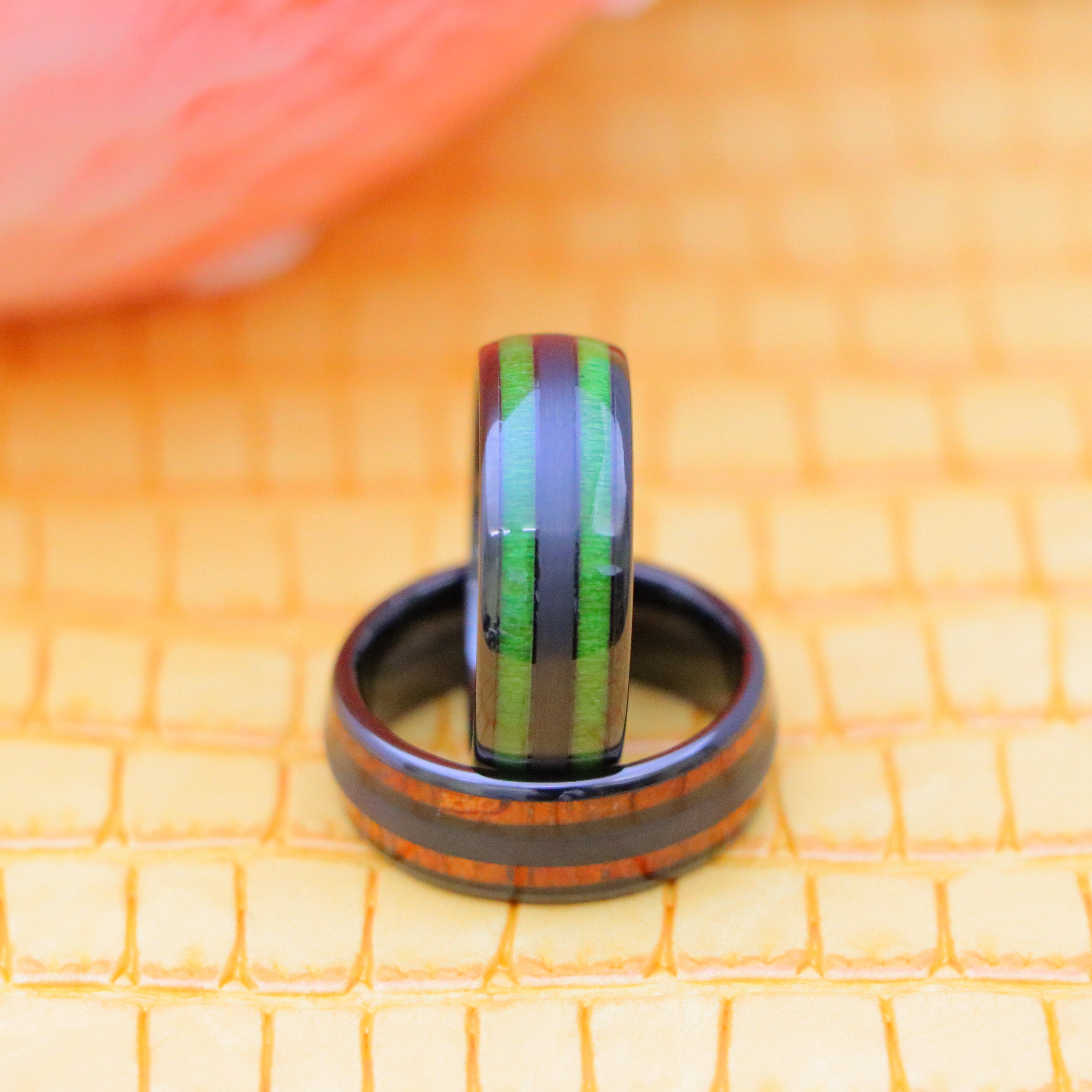 8mm Tungsten Ring Black IP &amp; Koa Wood Inlay / Jade Wood Inlay