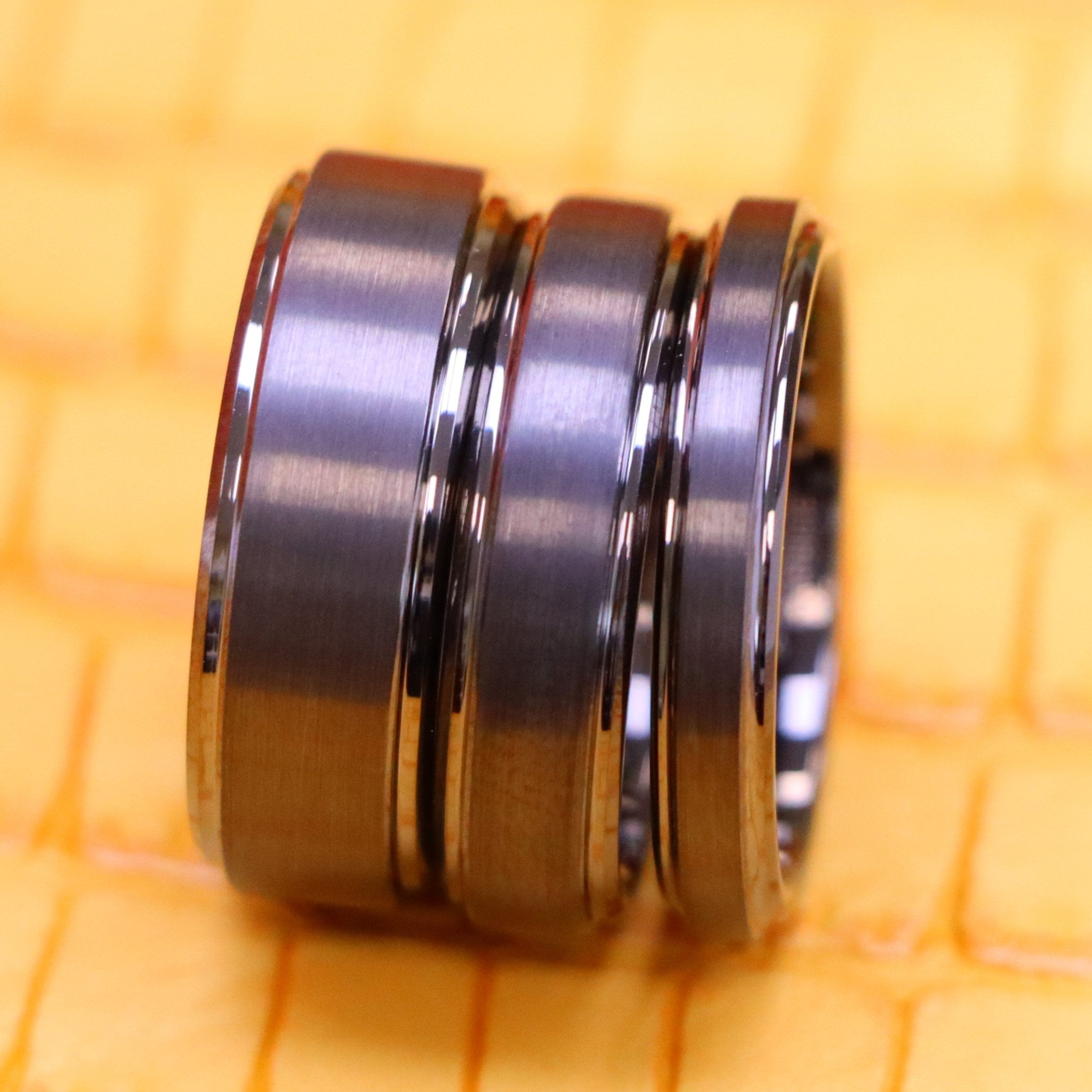 Gun Metal IP Plated Brushed Center High Polish Stepped Edge 8mm/6mm/4mm Tungsten Ring