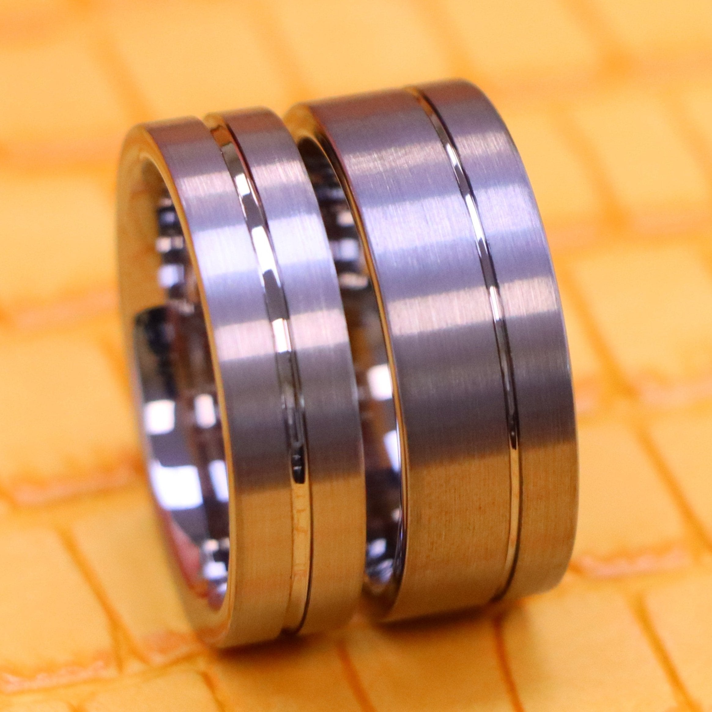 Brushed with Polished Shiny Off-Center Groove Tungsten Ring