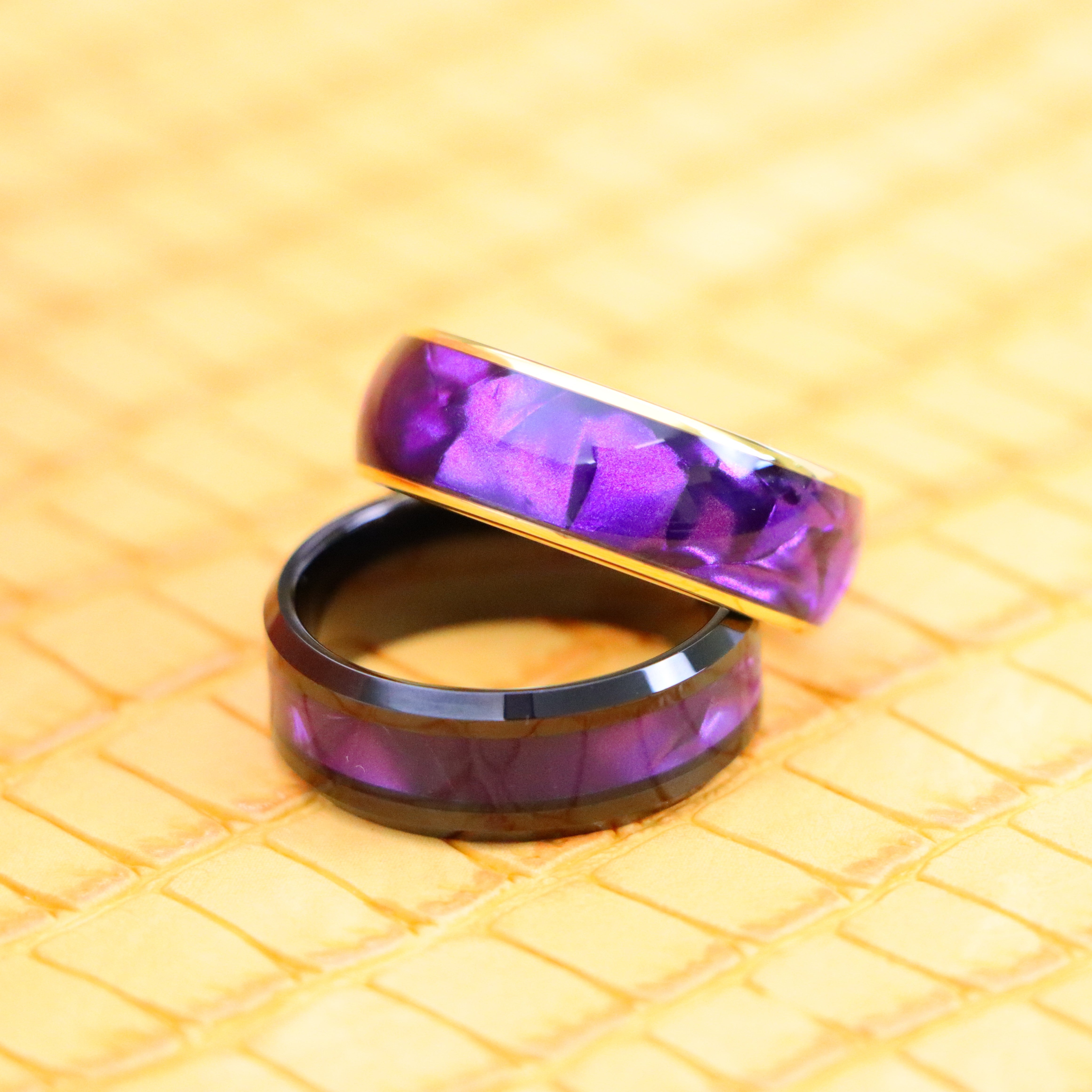 8mm Yellow Gold IP/Black IP Plated with Imitation Purple Cowrie Inlay Tungsten Ring - Men's Tungsten Jewelry