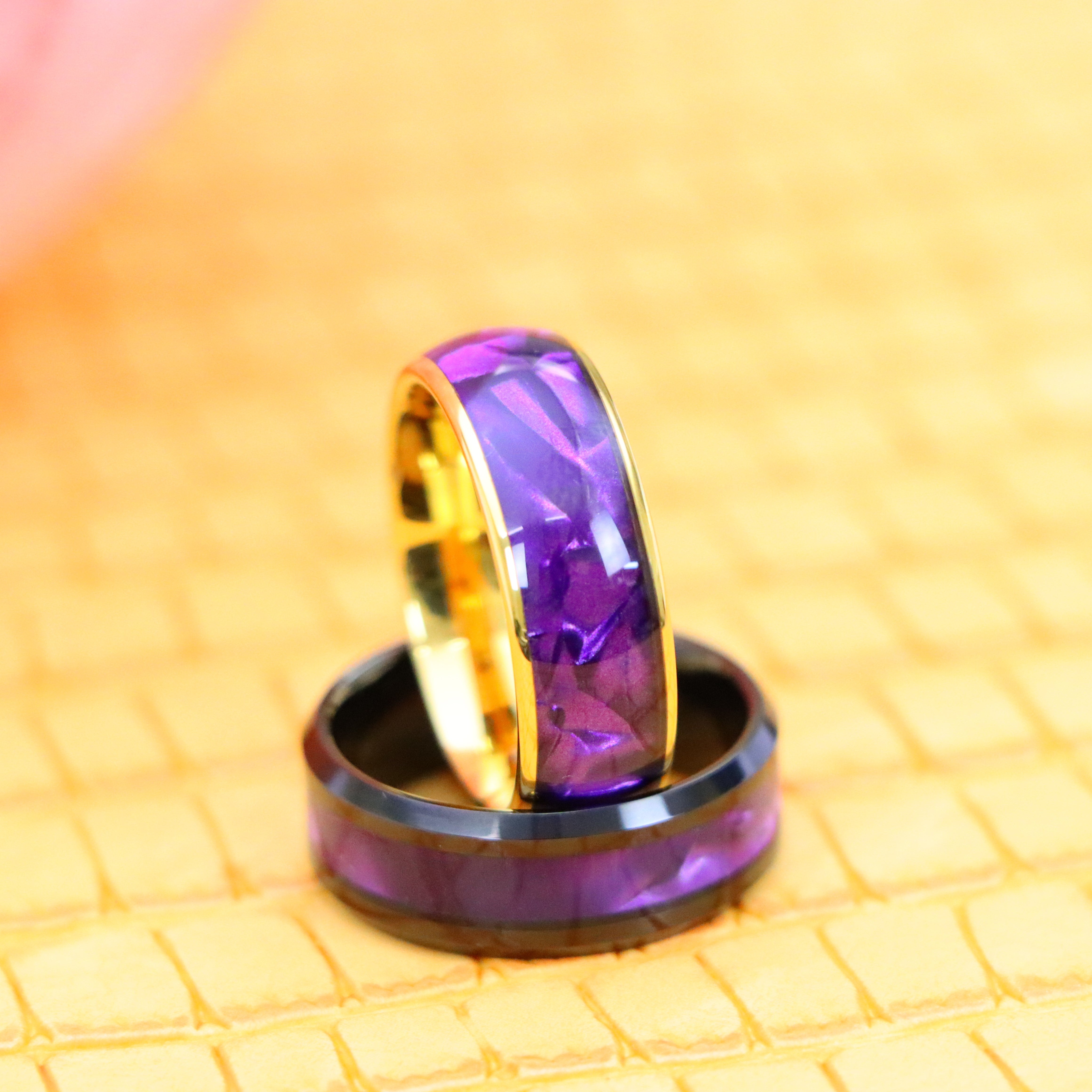 8mm Yellow Gold IP/Black IP Plated with Imitation Purple Cowrie Inlay Tungsten Ring - Men's Tungsten Jewelry