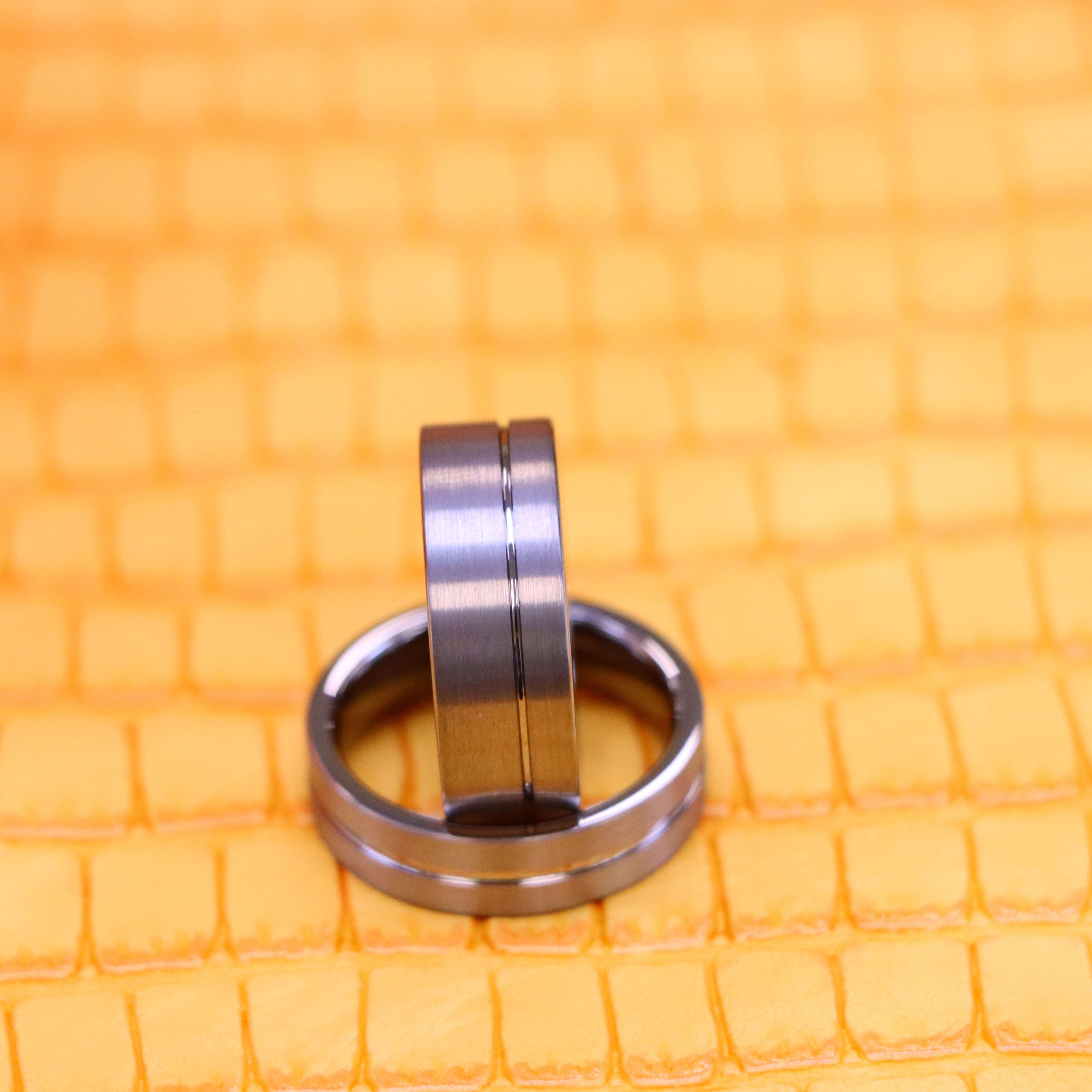 Brushed with Polished Shiny Off-Center Groove Tungsten Ring