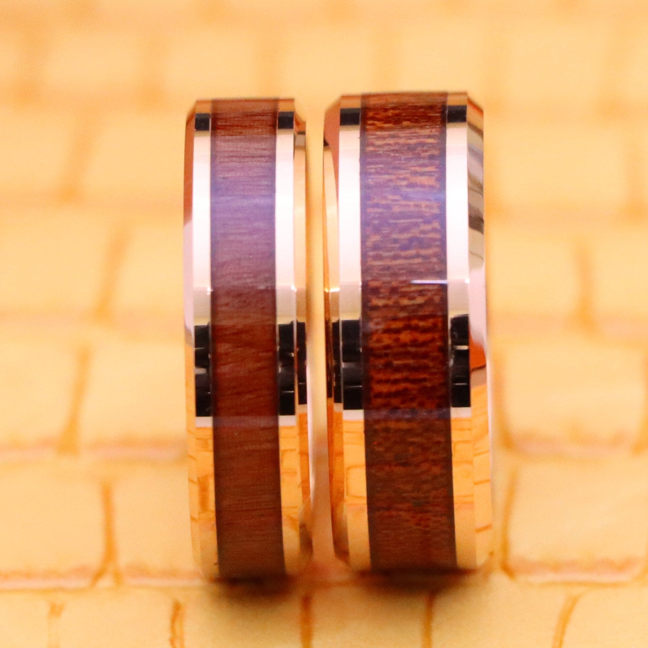 Rose Gold IP Plated with Hawaiian Koa Wood Inlay Shiny Beveled Edge Tungsten Ring