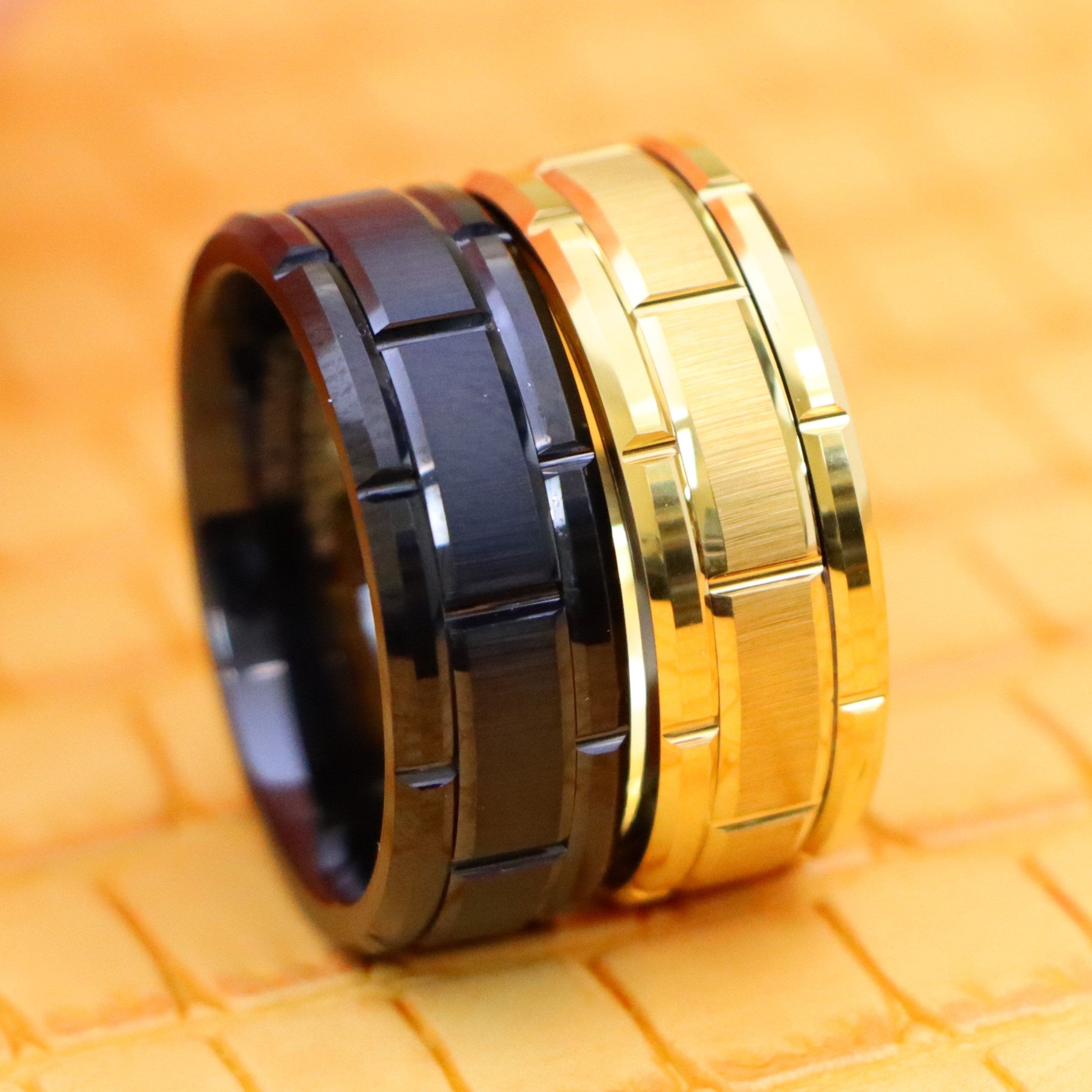 8mm Yellow IP/Black IP Plated Brick Pattern Design Tungsten Ring - Men's Fashion Jewelry