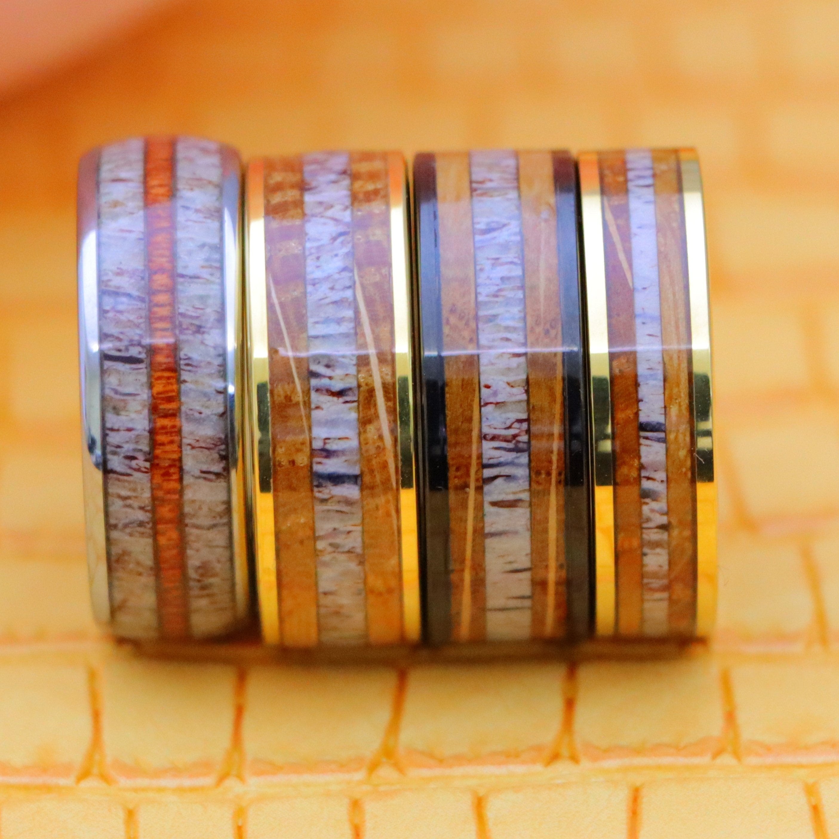 Yellow Gold/Silver/Black IP Plated Whiskey Barrel &amp; Deer Antler Inlay Tungsten Ring - Men's Fashion Jewelry