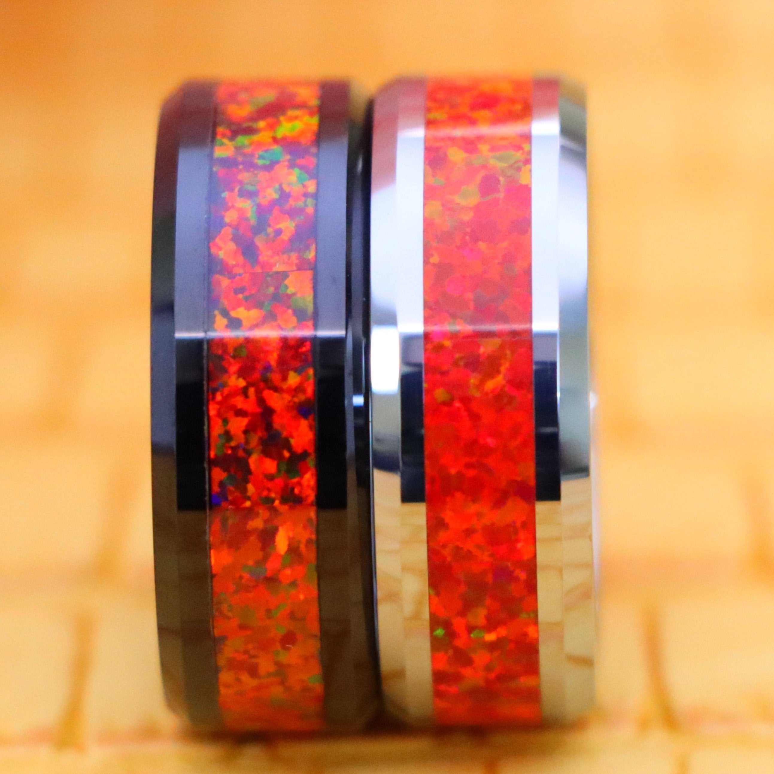 8mm Silver / Black IP Plated Synthetic Red Fire Opal Inlay Beveled Edge Tungsten Ring