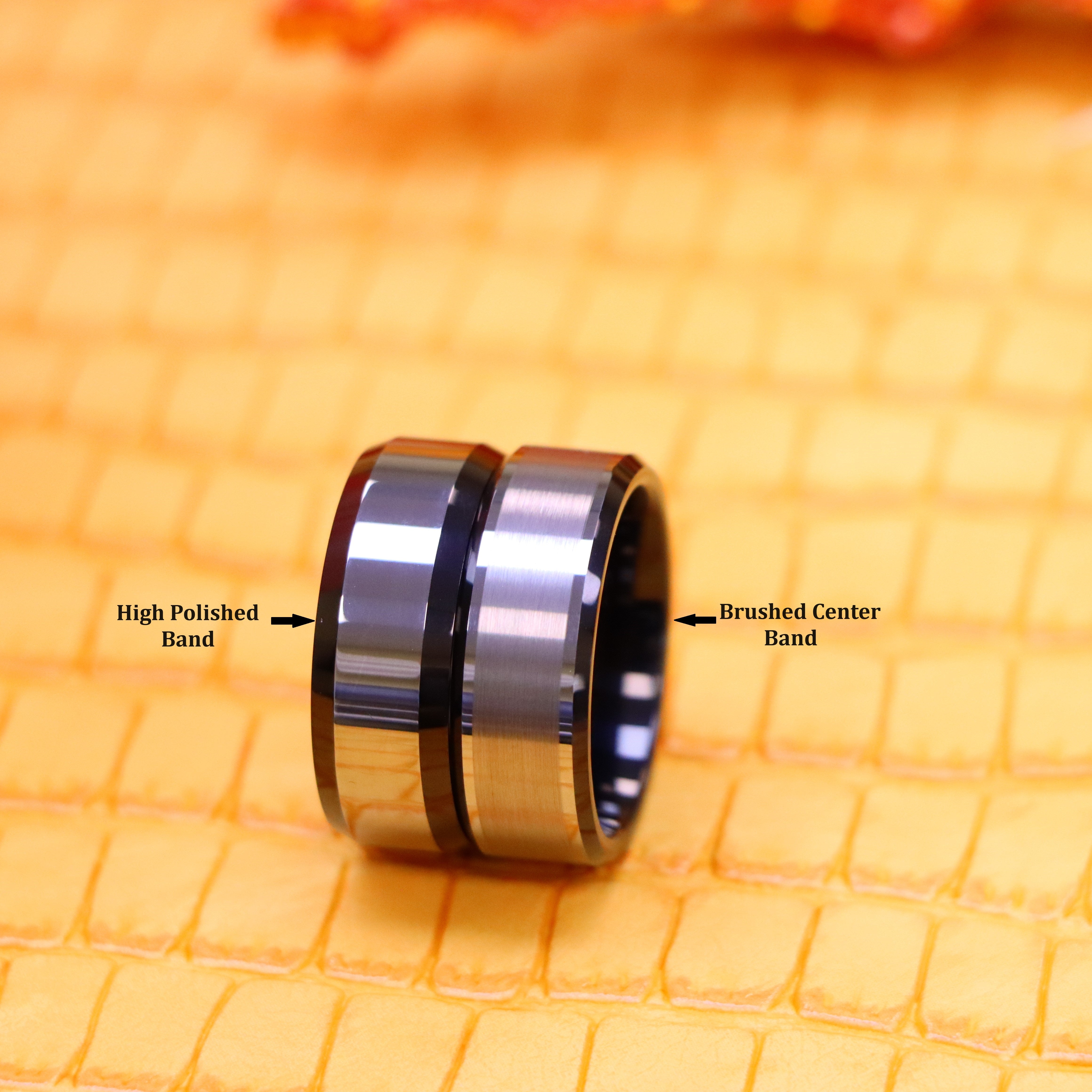 8mm Flat High Polish with Black IP Plated Beveled Edge Tungsten Ring Brushed Center Beveled Edge Tungsten Ring