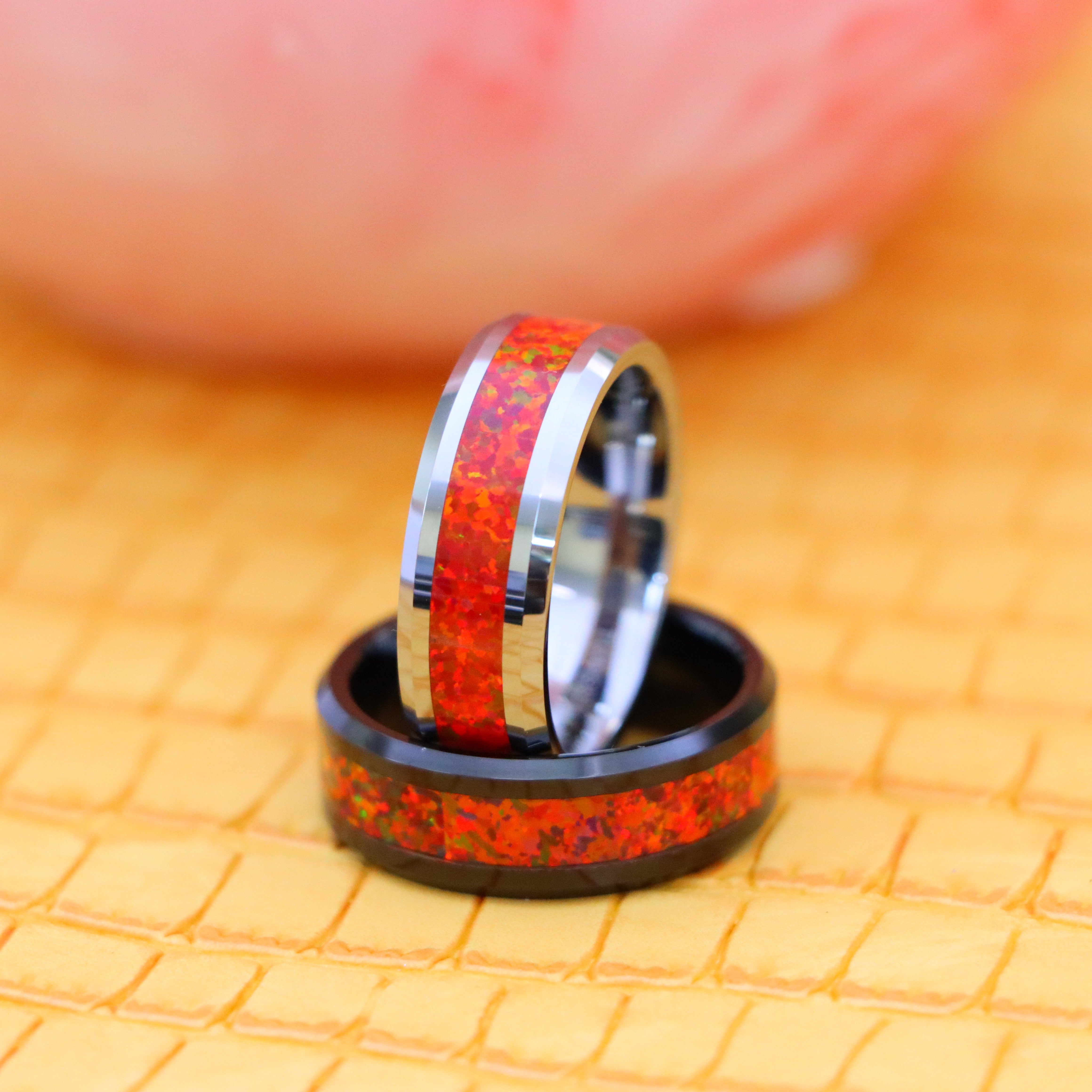 8mm Silver / Black IP Plated Synthetic Red Fire Opal Inlay Beveled Edge Tungsten Ring