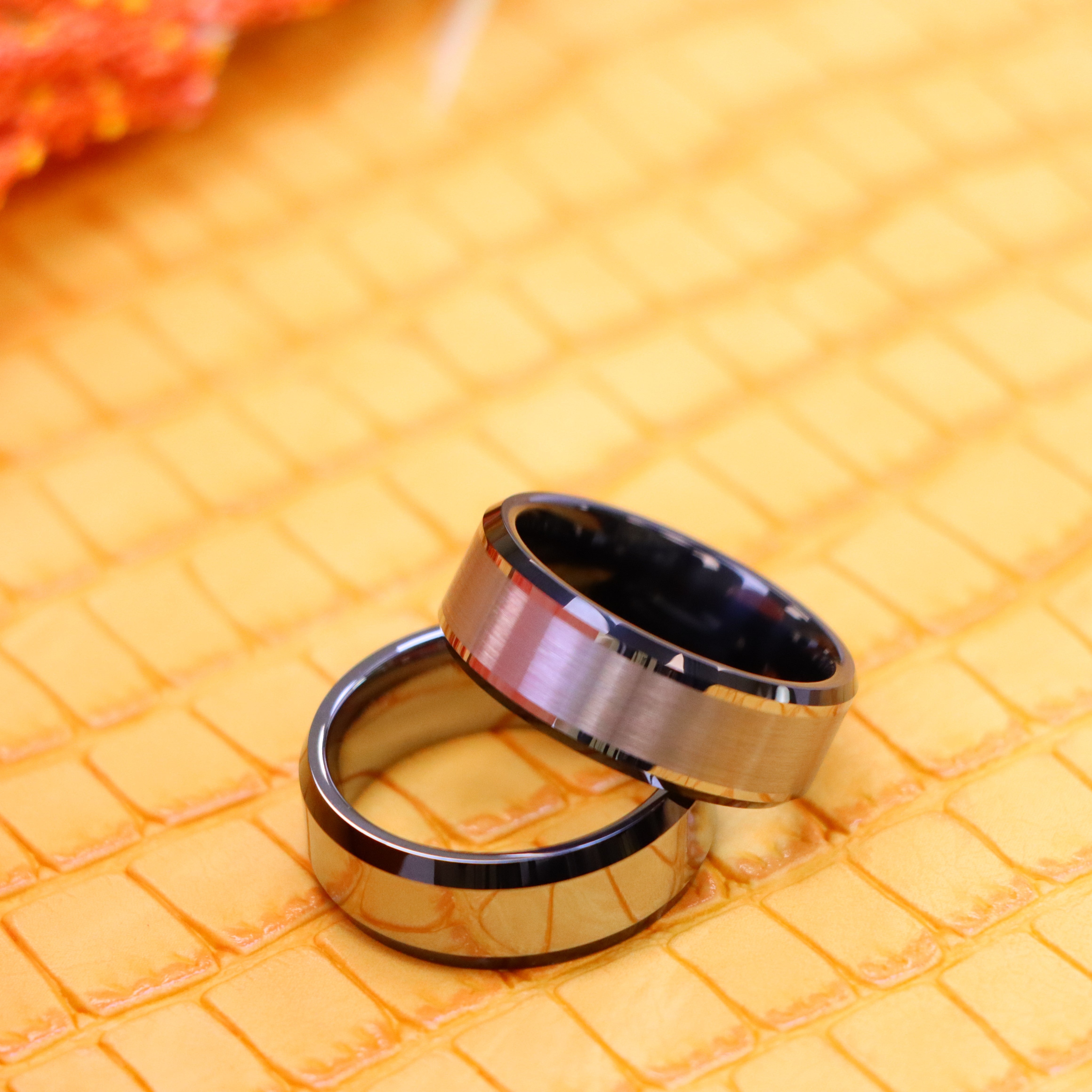 8mm Flat High Polish with Black IP Plated Beveled Edge Tungsten Ring Brushed Center Beveled Edge Tungsten Ring