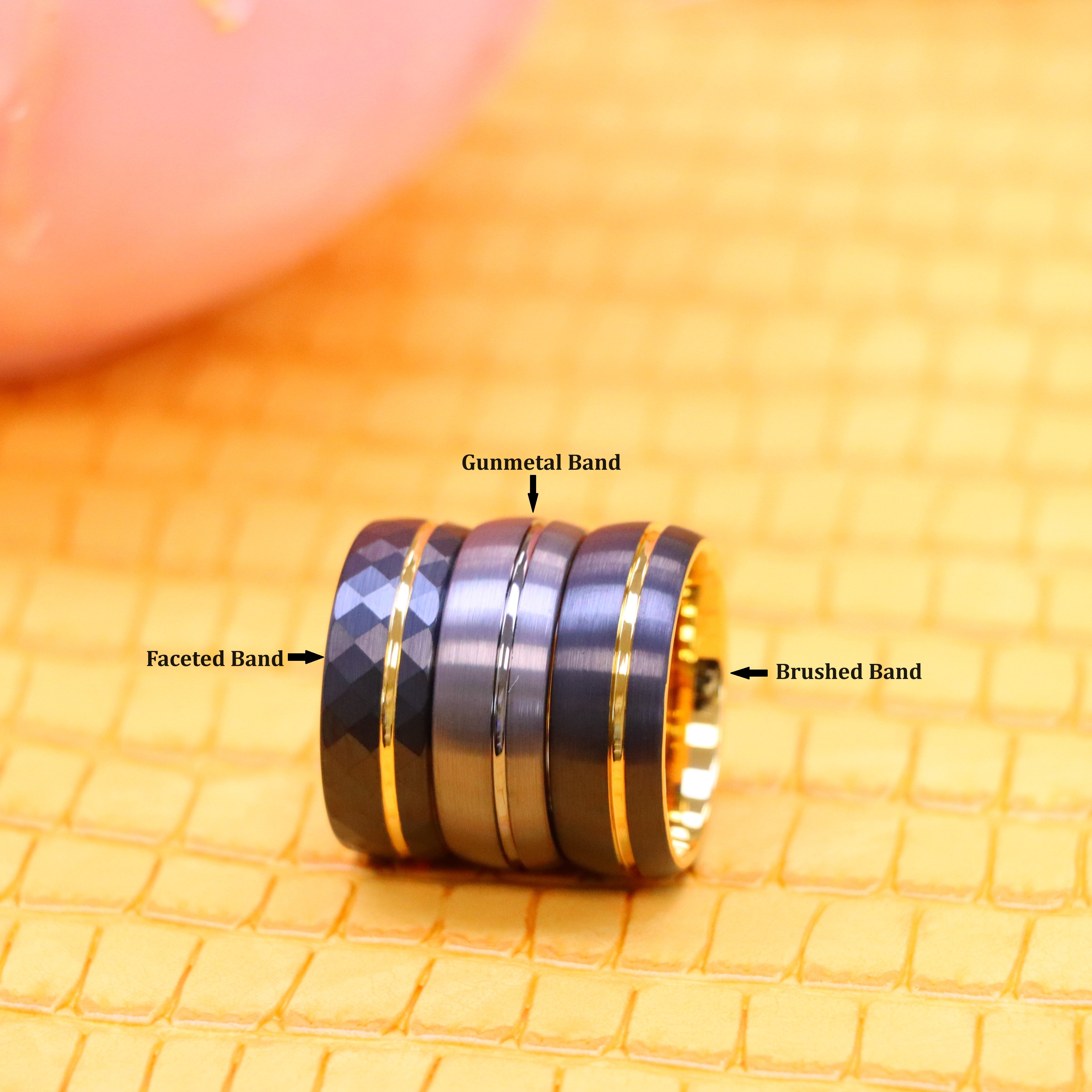 8mm Domed Gun Metal IP Plated / Yellow Gold &amp; Faceted Black IP Plated Ring with Off-center Groove