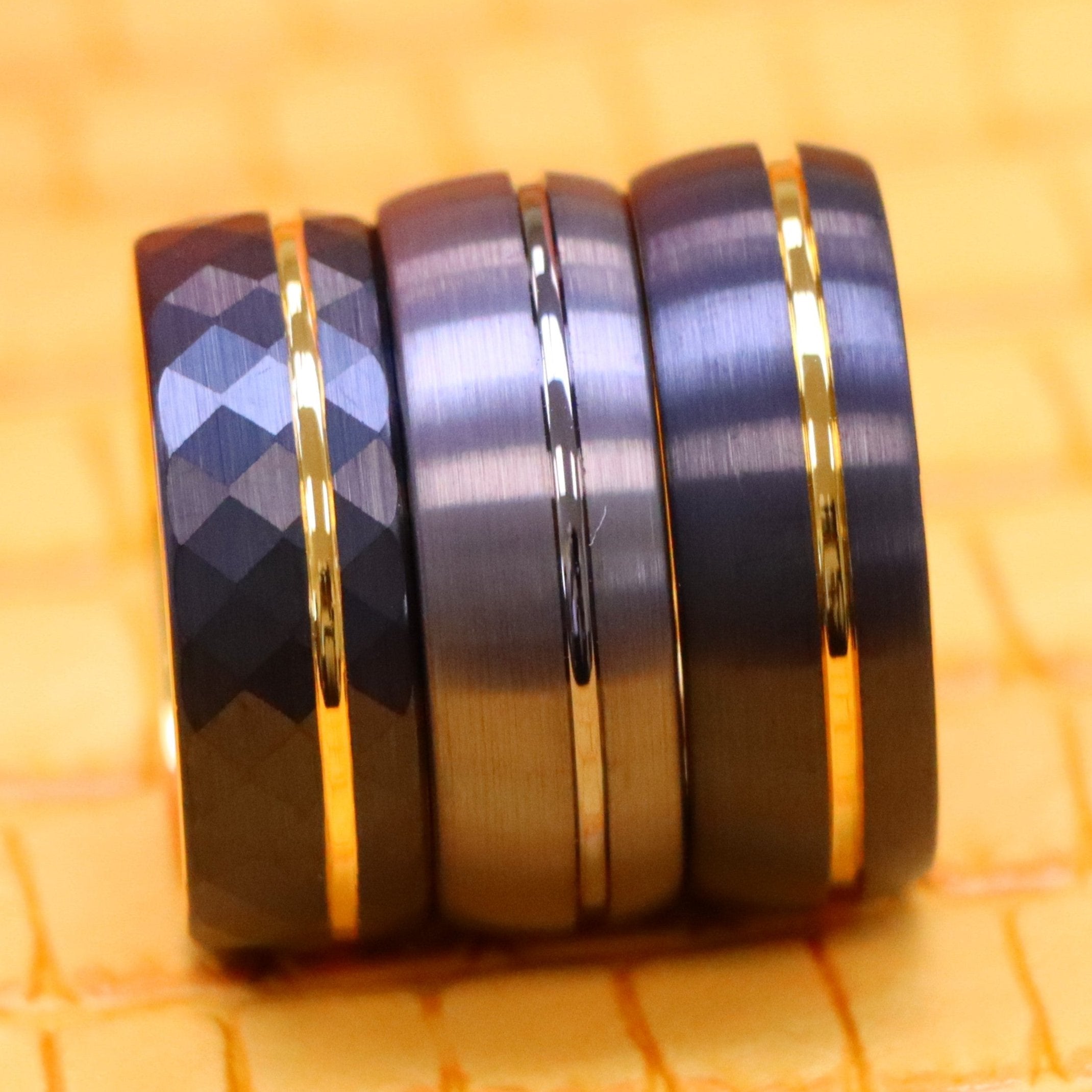 8mm Domed Gun Metal IP Plated / Yellow Gold &amp; Faceted Black IP Plated Ring with Off-center Groove