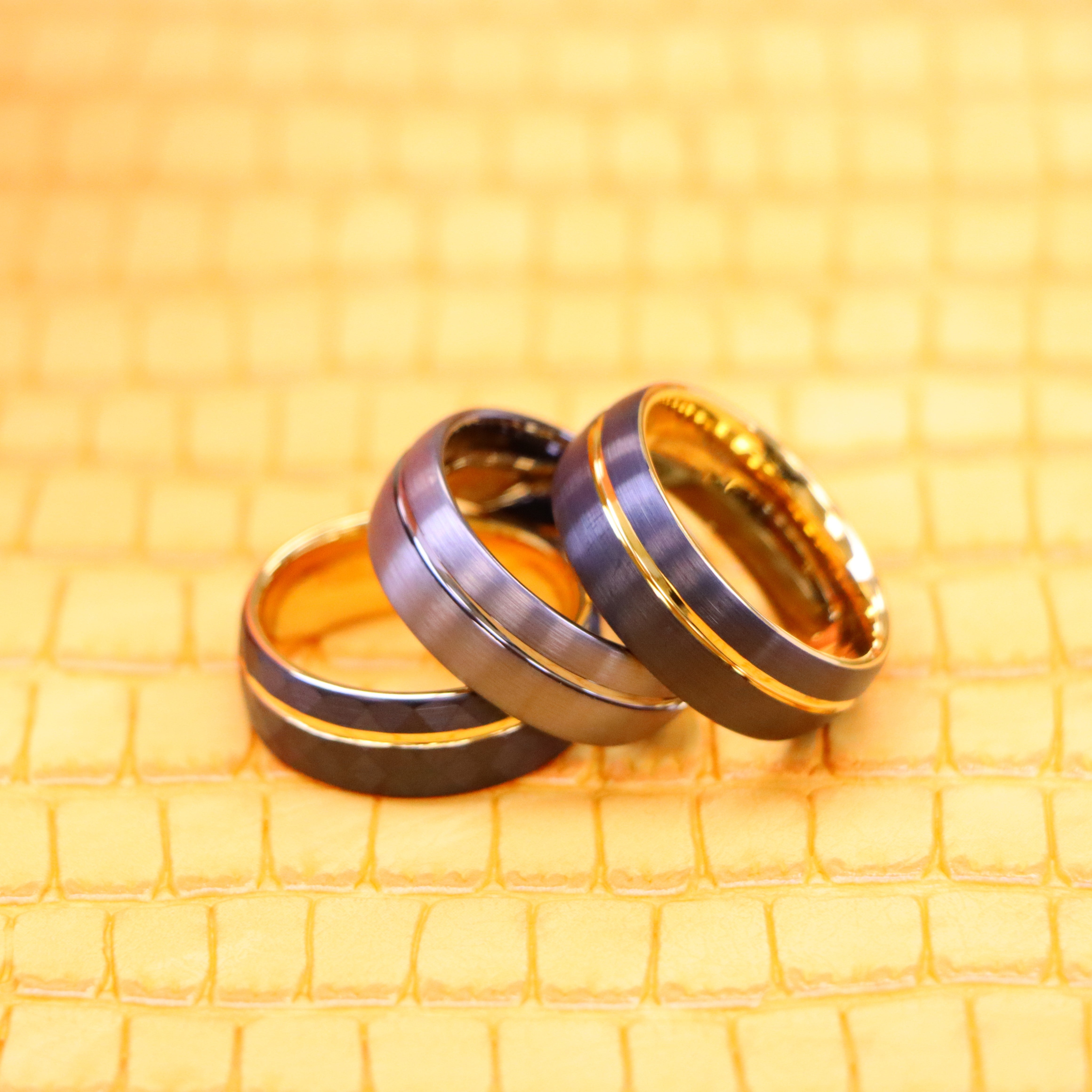 8mm Domed Gun Metal IP Plated / Yellow Gold &amp; Faceted Black IP Plated Ring with Off-center Groove