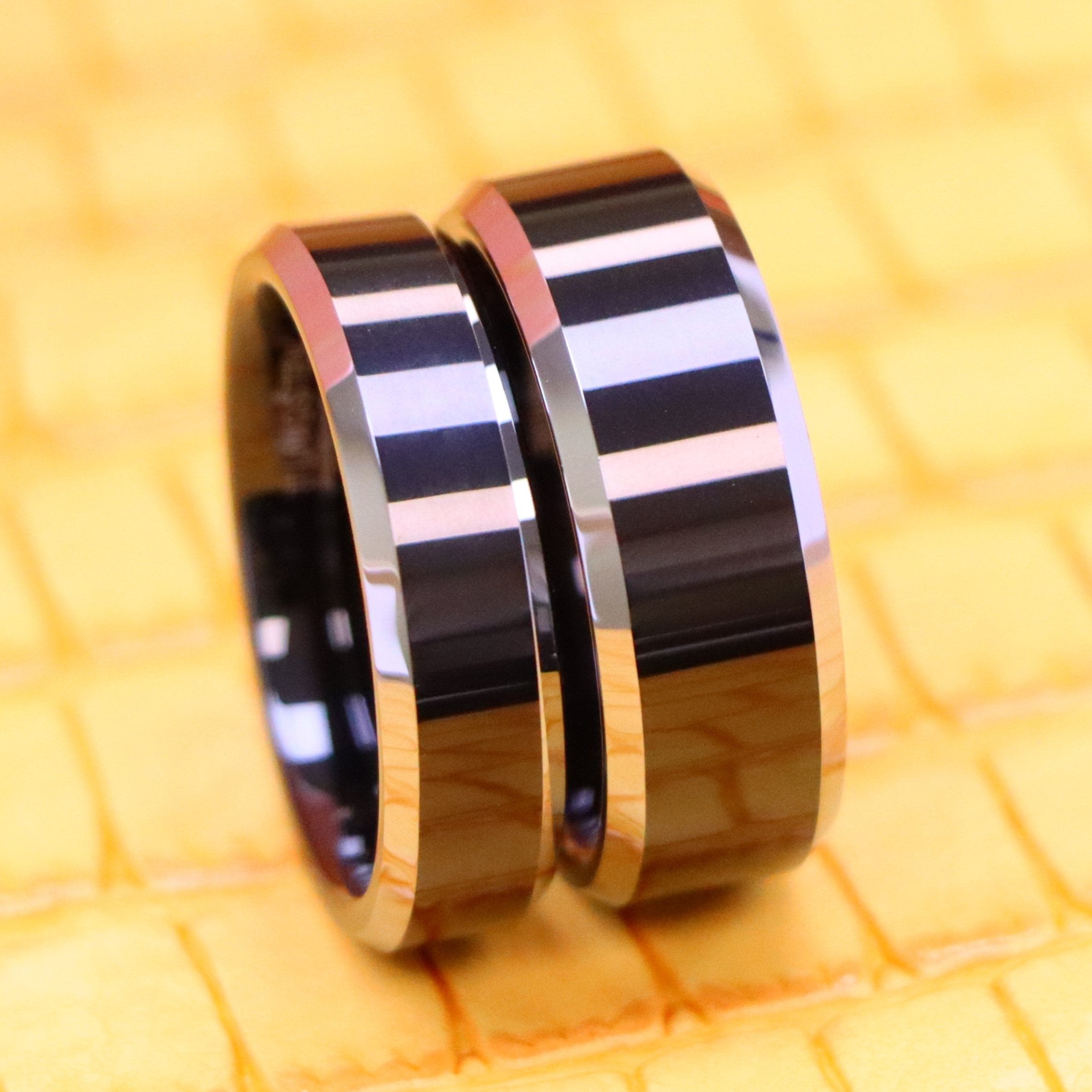 Black IP Plated Center High Polished Steel Color Beveled Edge Tungsten Ring