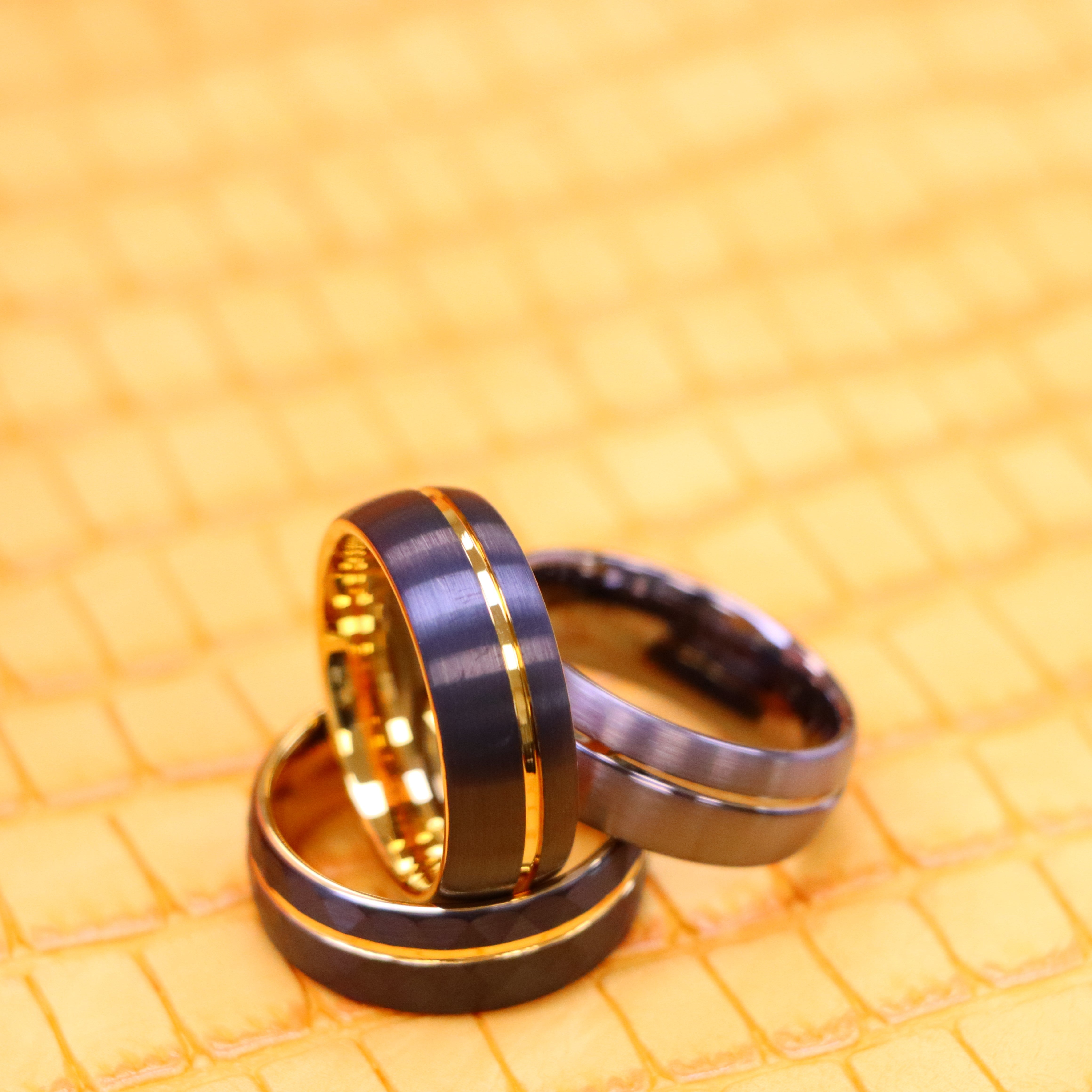 8mm Domed Gun Metal IP Plated / Yellow Gold &amp; Faceted Black IP Plated Ring with Off-center Groove