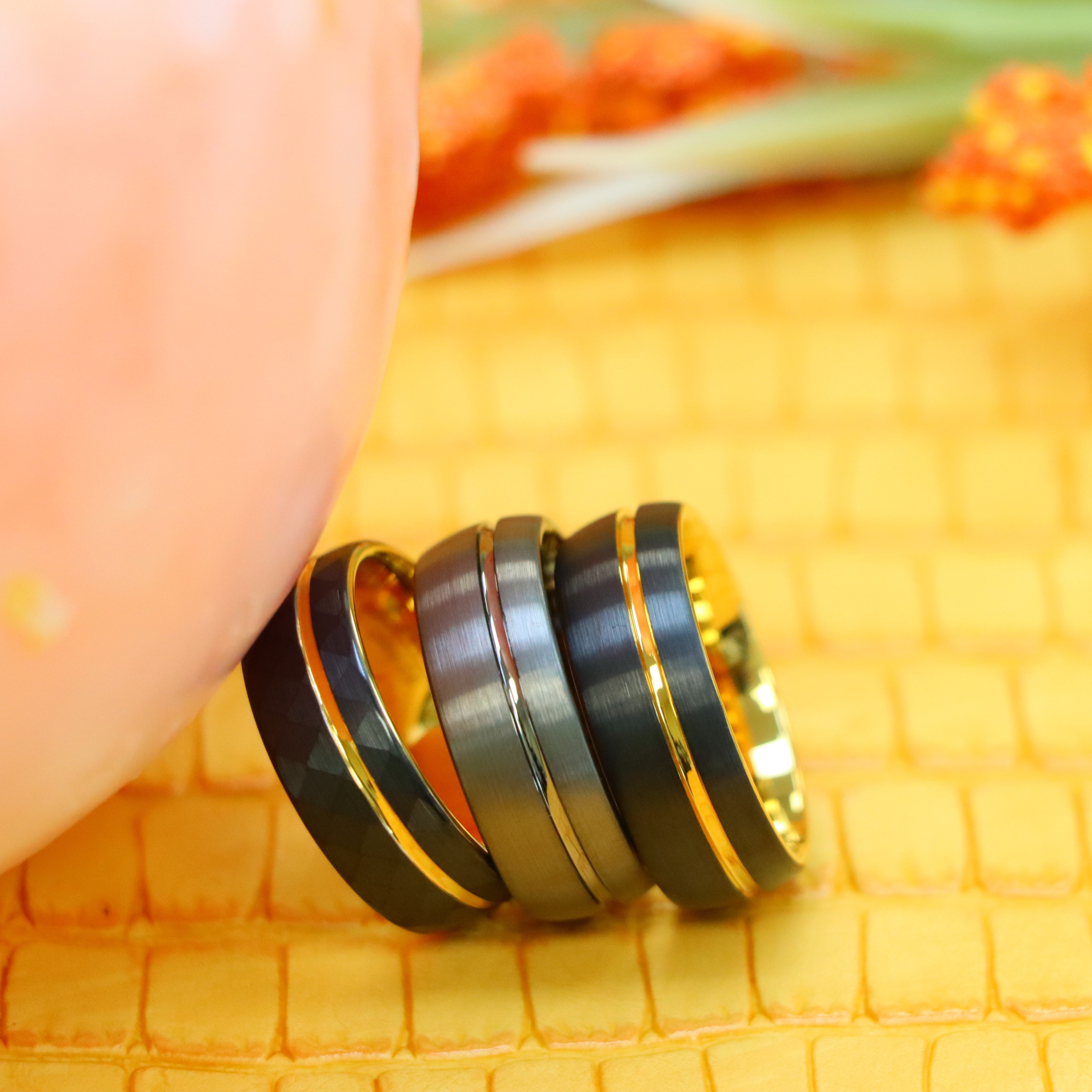 8mm Domed Gun Metal IP Plated / Yellow Gold &amp; Faceted Black IP Plated Ring with Off-center Groove