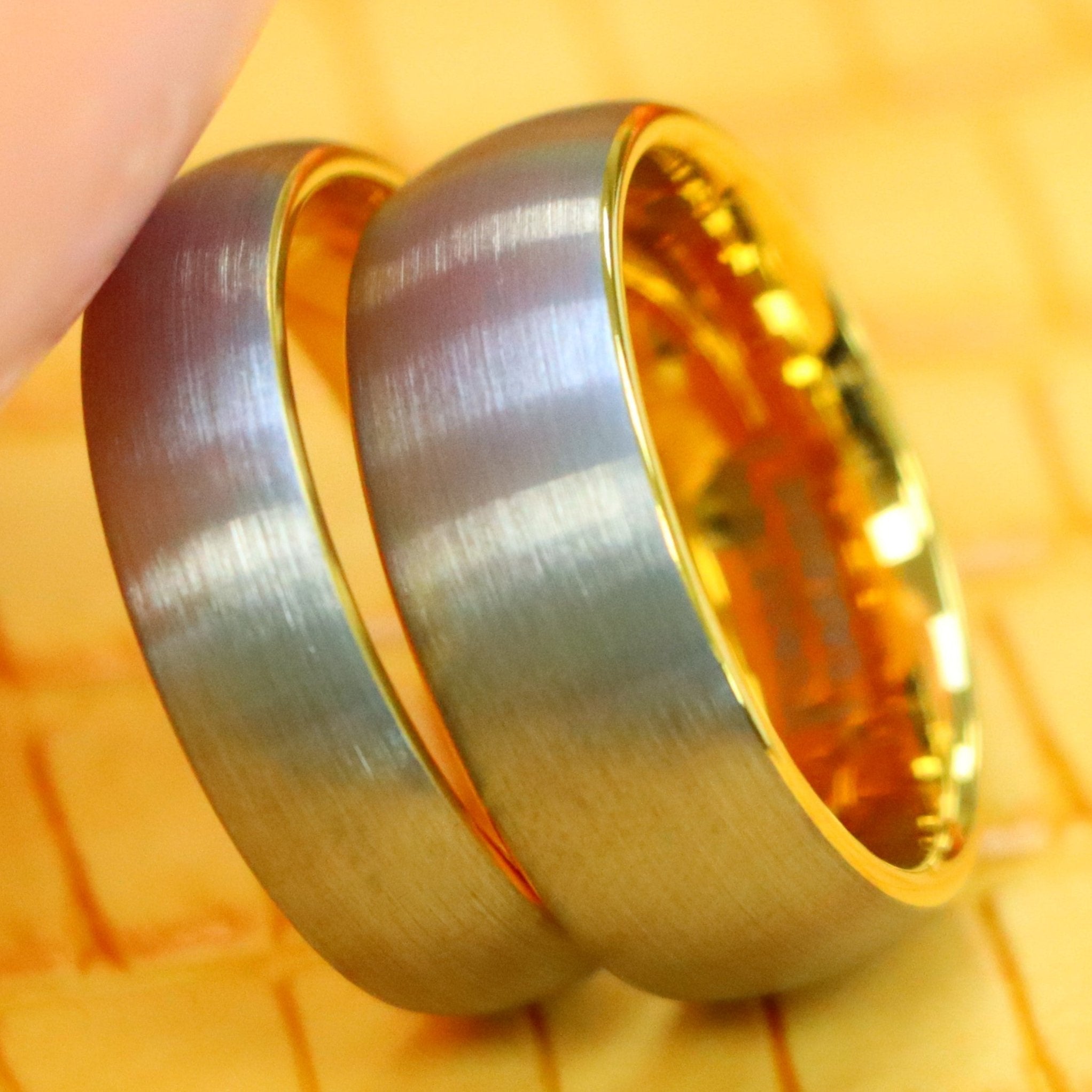 Domed Tungsten Ring with Yellow Gold IP Plated Interior and Gun Metal Brushed Center