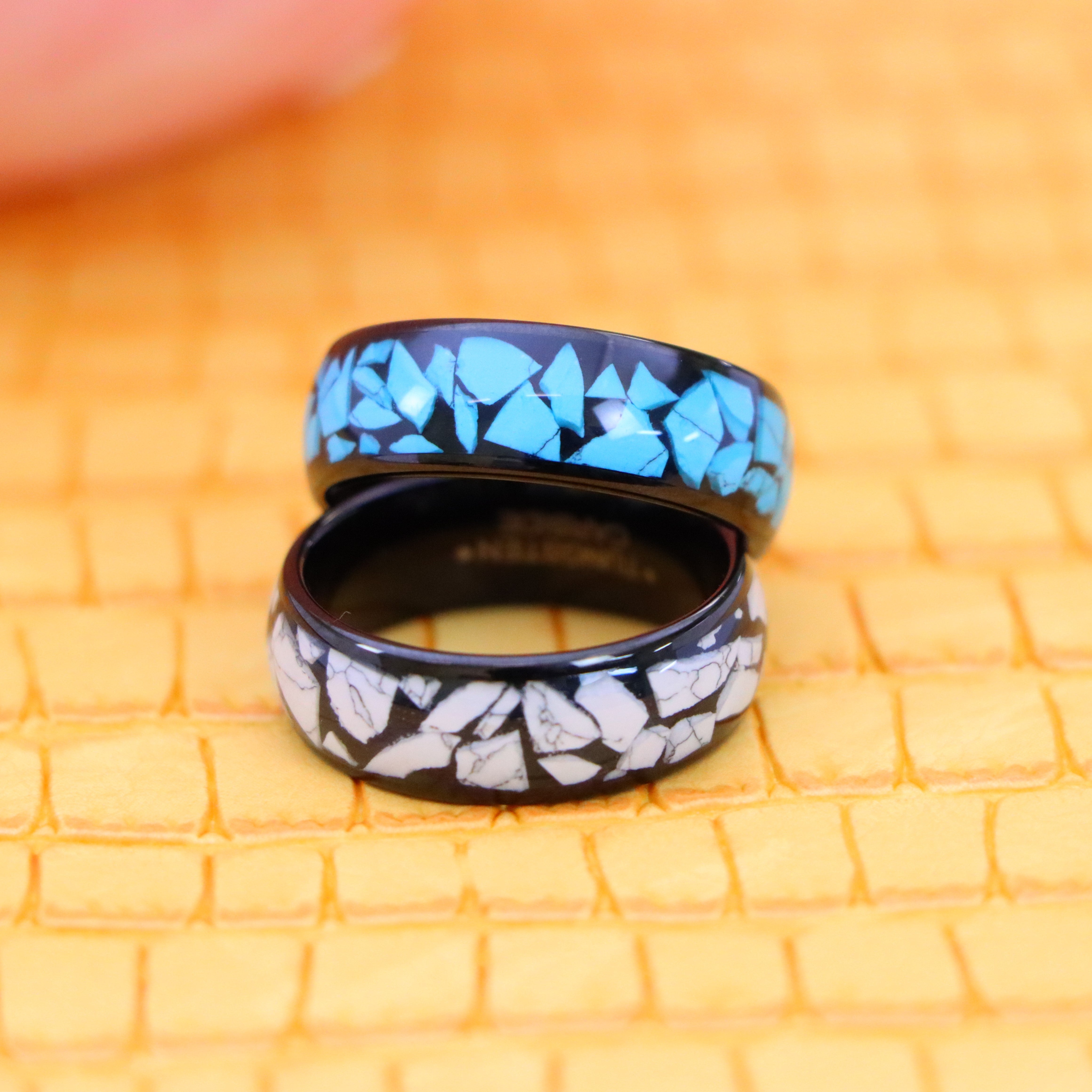 8mm Black IP Plated White/Blue Turquoise Fragments Inlay Tungsten Ring - Men's Tungsten Jewelry