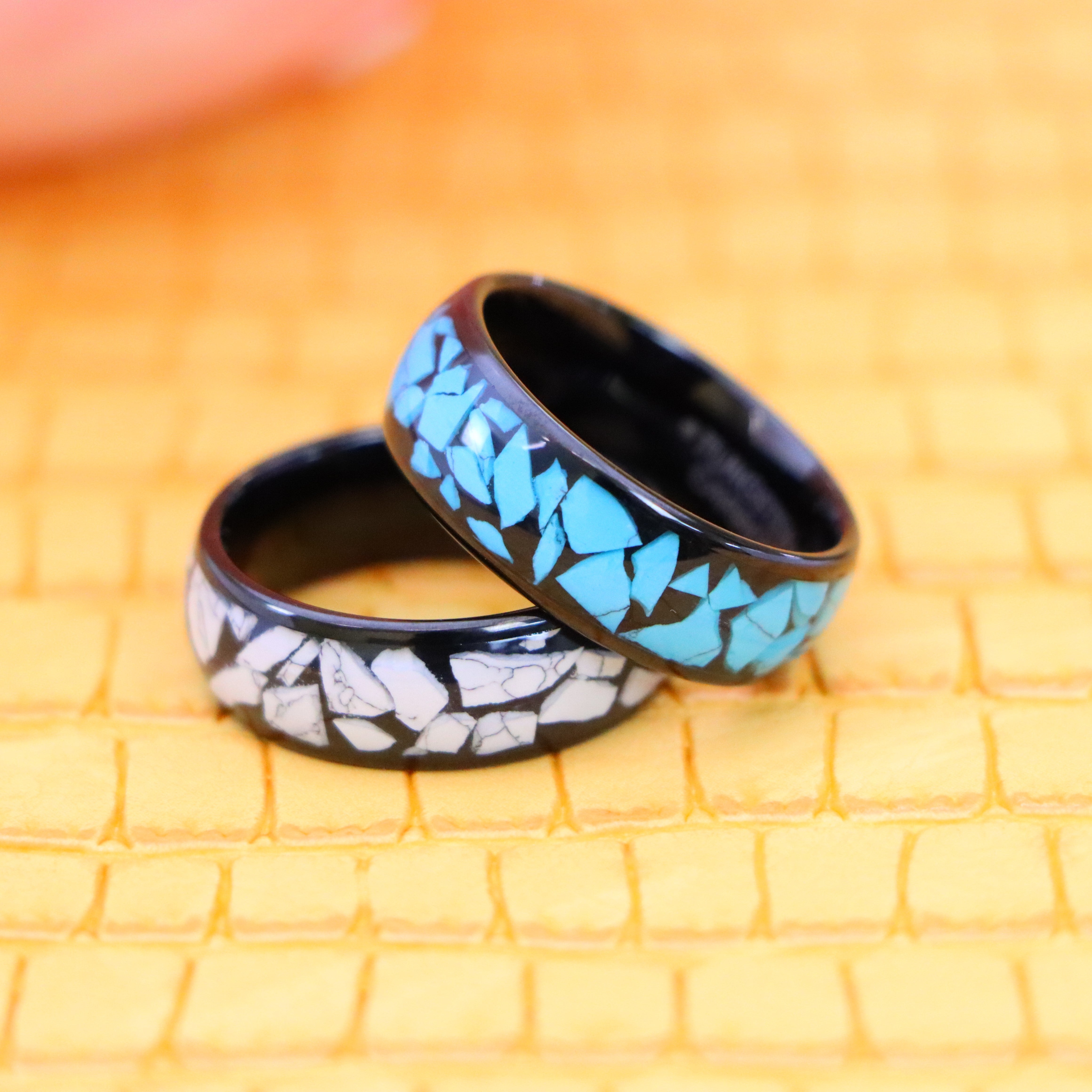 8mm Black IP Plated White/Blue Turquoise Fragments Inlay Tungsten Ring - Men's Tungsten Jewelry