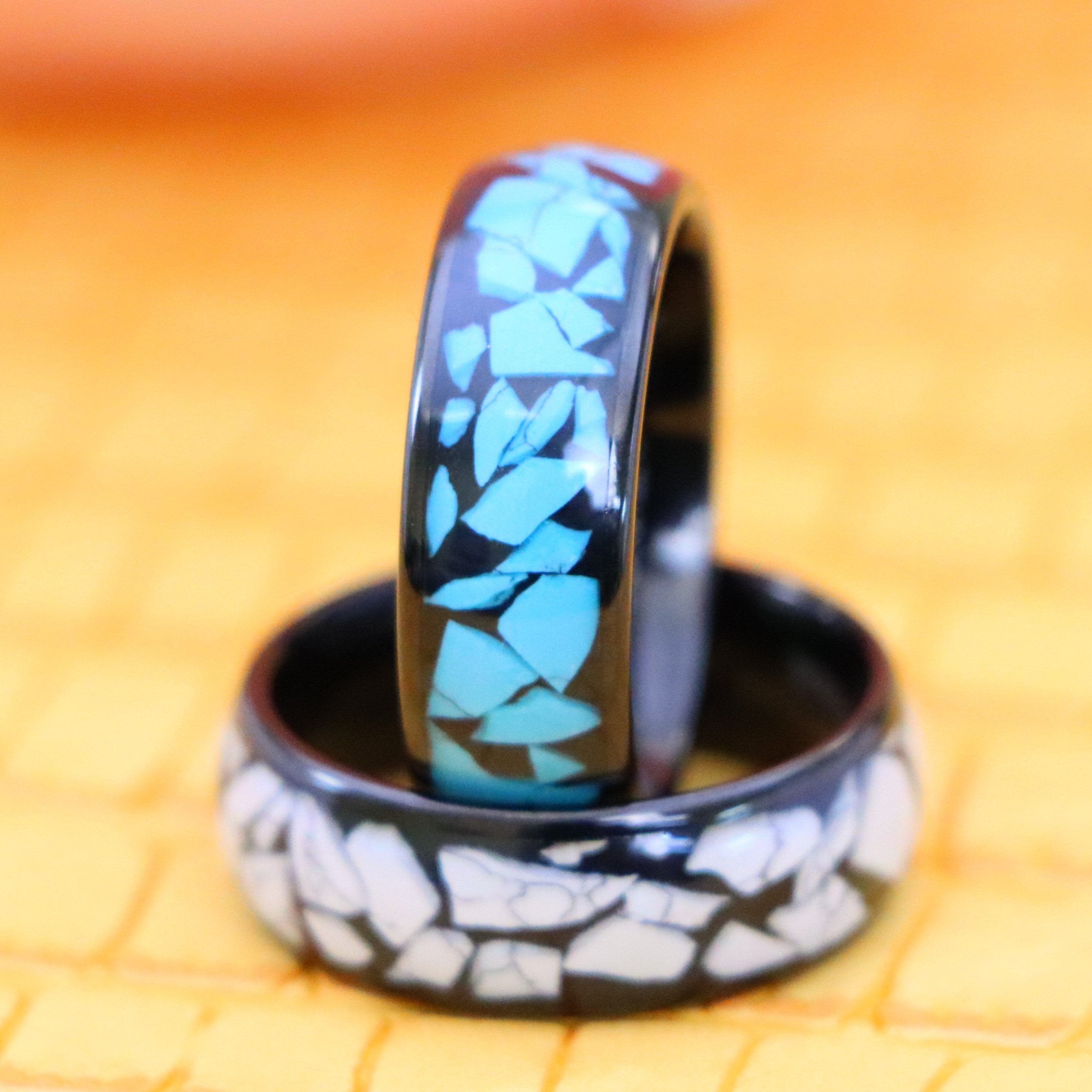 8mm Black IP Plated White/Blue Turquoise Fragments Inlay Tungsten Ring - Men's Tungsten Jewelry