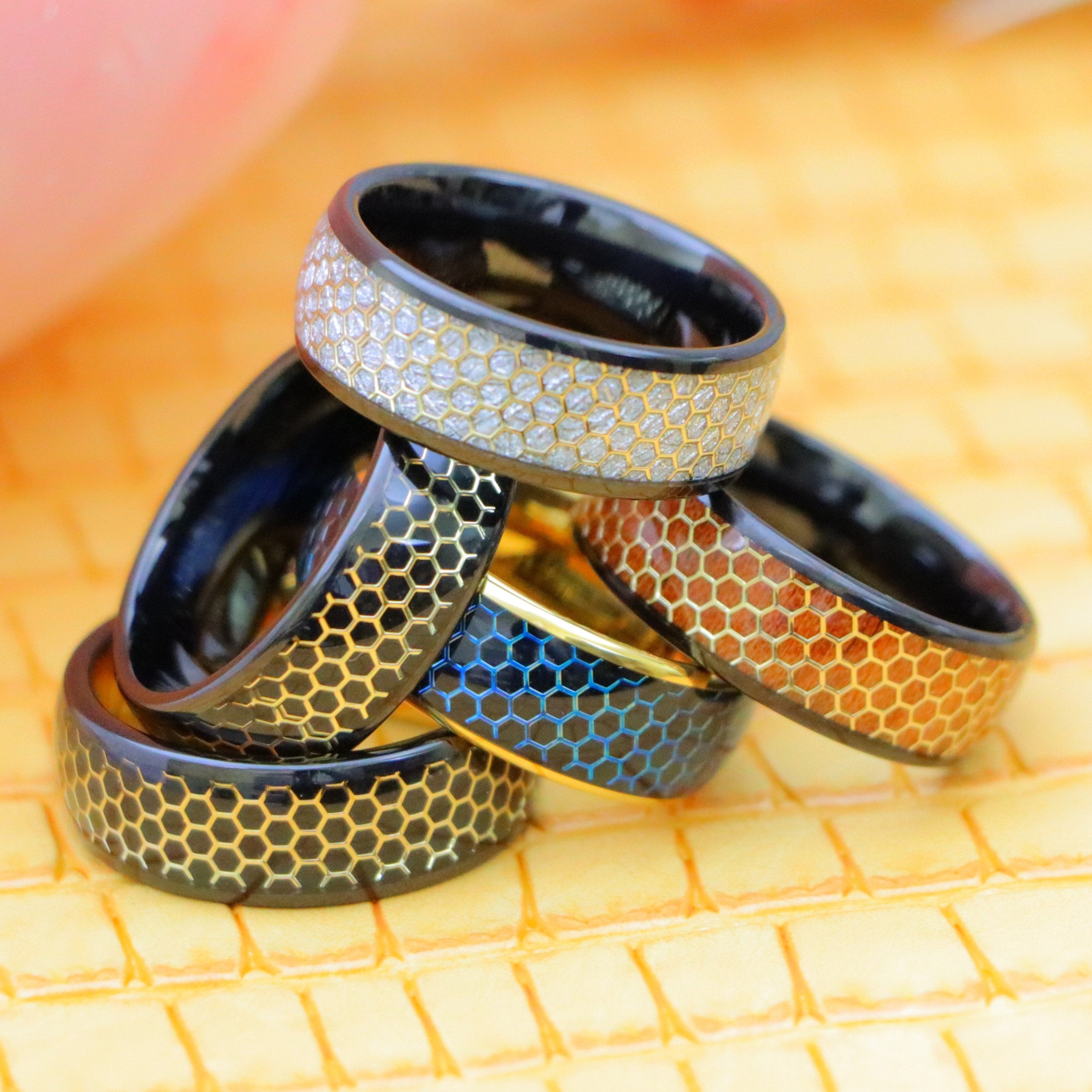 8mm Dome Black IP/Yellow &amp; Black IP with Honeycomb Cut-out Meteorite Inlay/Rosewood Inlay Tungsten Ring