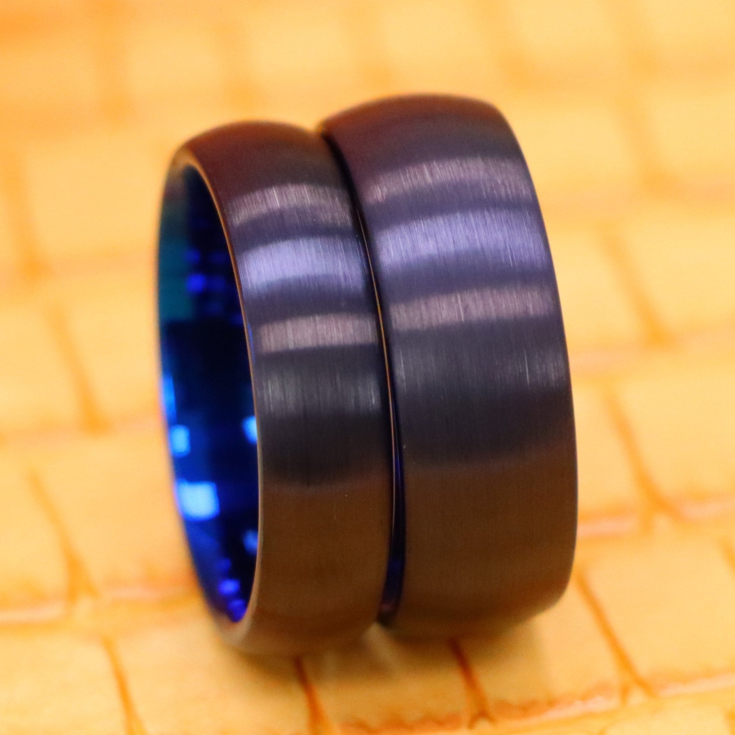 Brushed Black &amp; Blue IP Plated Classic Domed Band Tungsten Ring