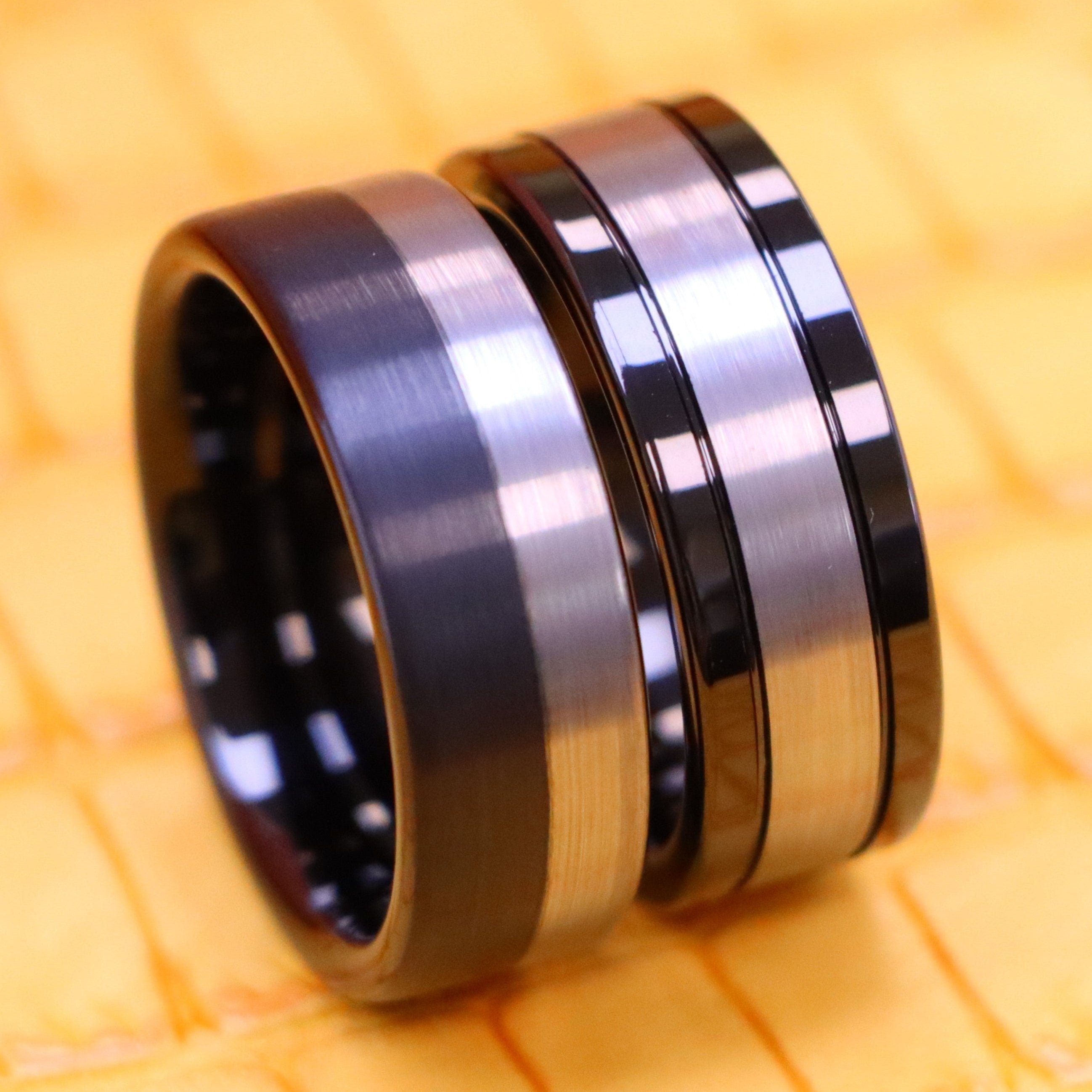 8mm Pipe Cut Two-Tone Black IP Plated Brushed Night &amp; Day Tungsten Ring