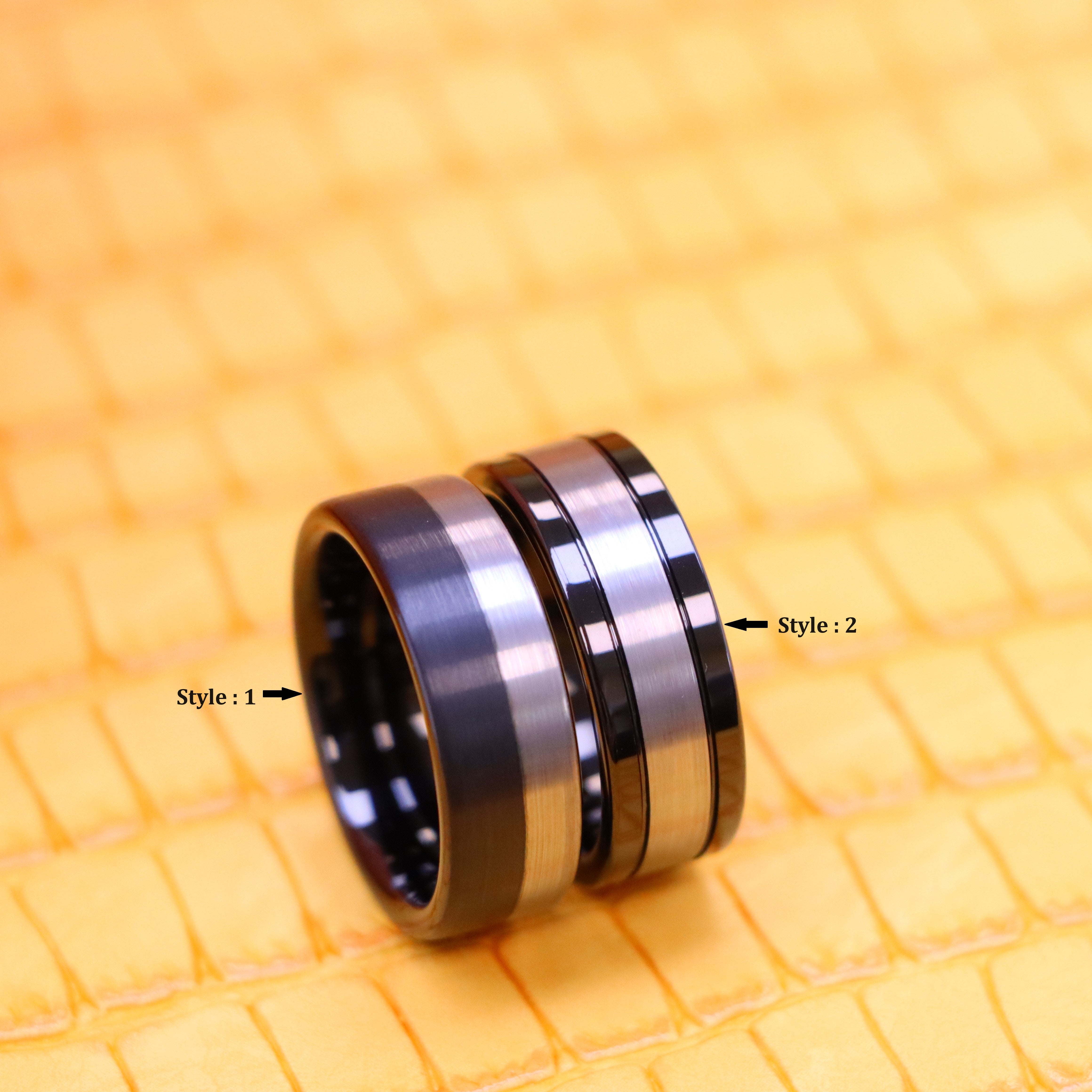 8mm Pipe Cut Two-Tone Black IP Plated Brushed Night &amp; Day Tungsten Ring