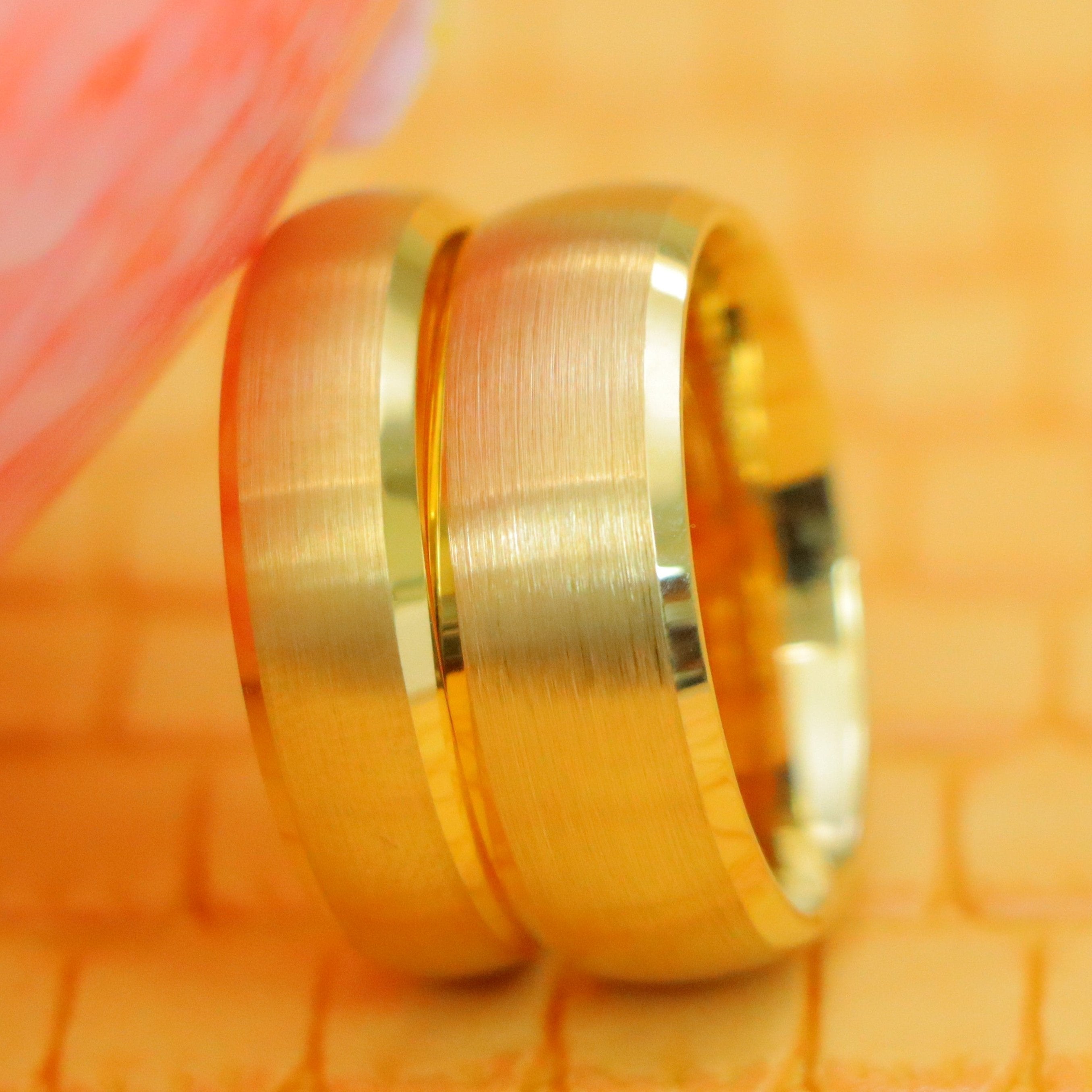 Domed Yellow IP Brushed Center Low Beveled Edge Tungsten Ring