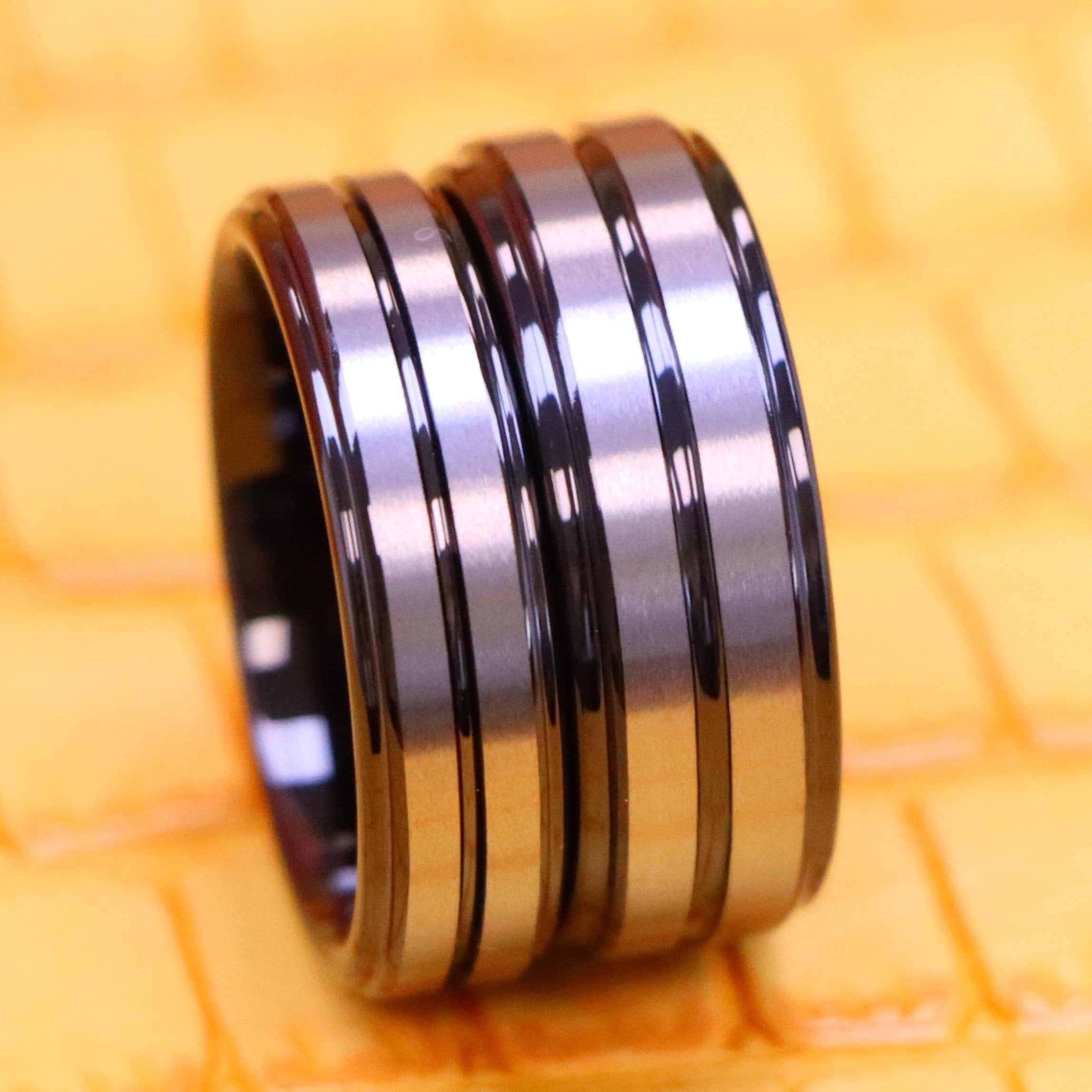 Two-Tone Black IP Plated Center Grooved Brushed Finish Stepped Edge Tungsten Ring