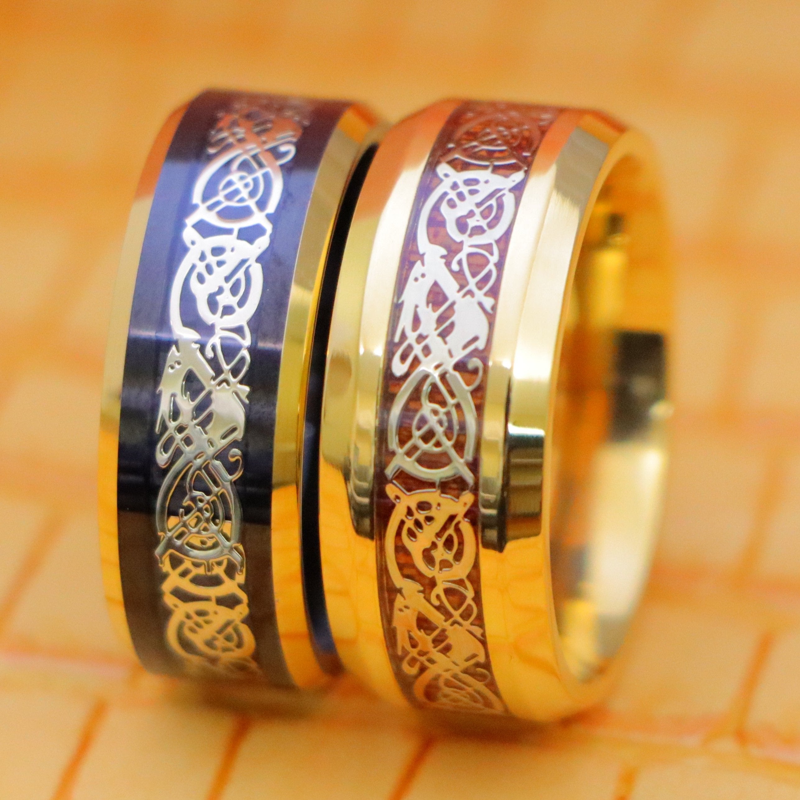 Yellow Gold IP Plated Titanium Ring with Yellow Gold IP Celtic Design Over Rosewood Inlay, Black &amp; Yellow Gold IP Plated Celtic Inlay Tungsten Ring