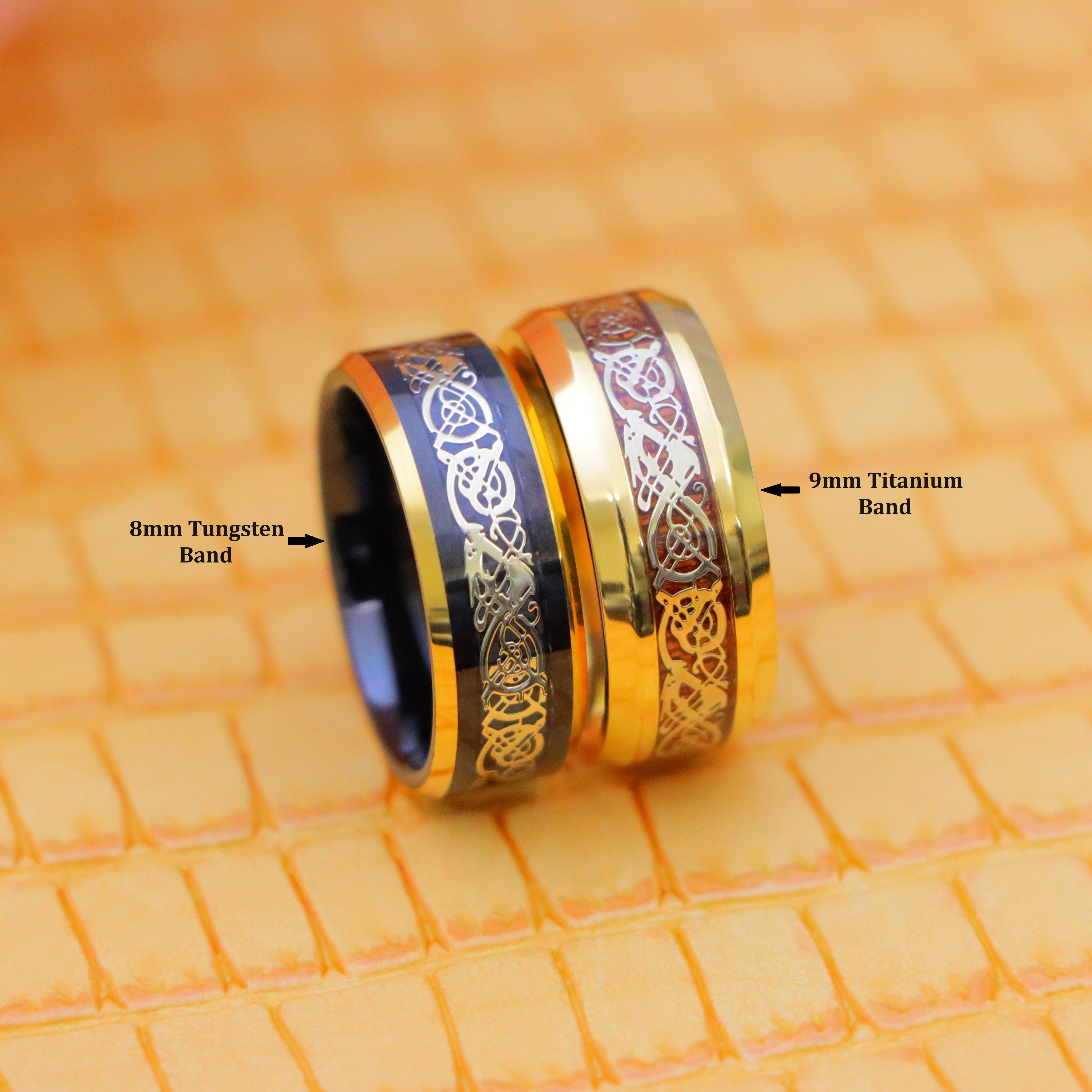 Yellow Gold IP Plated Titanium Ring with Yellow Gold IP Celtic Design Over Rosewood Inlay, Black &amp; Yellow Gold IP Plated Celtic Inlay Tungsten Ring