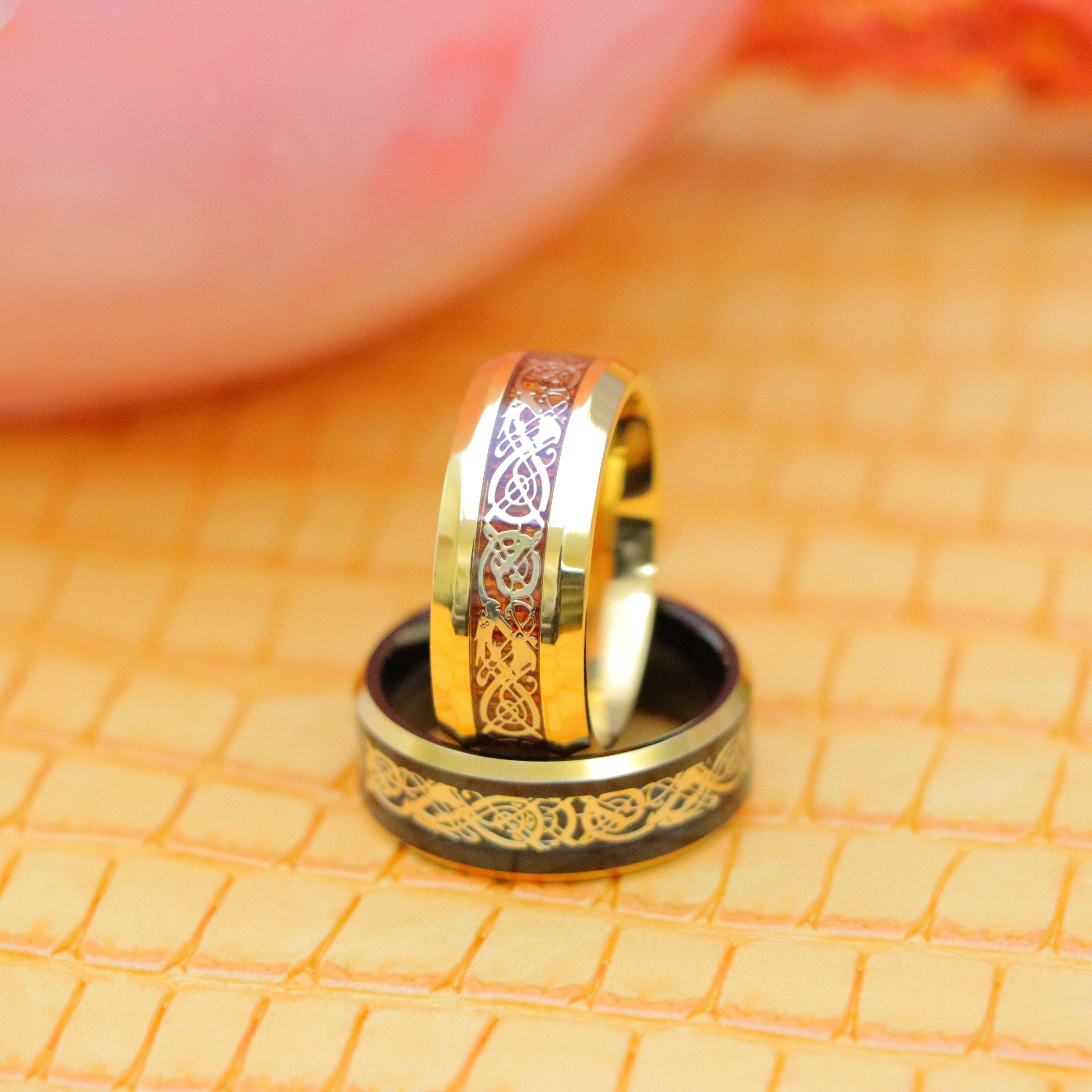 Yellow Gold IP Plated Titanium Ring with Yellow Gold IP Celtic Design Over Rosewood Inlay, Black &amp; Yellow Gold IP Plated Celtic Inlay Tungsten Ring