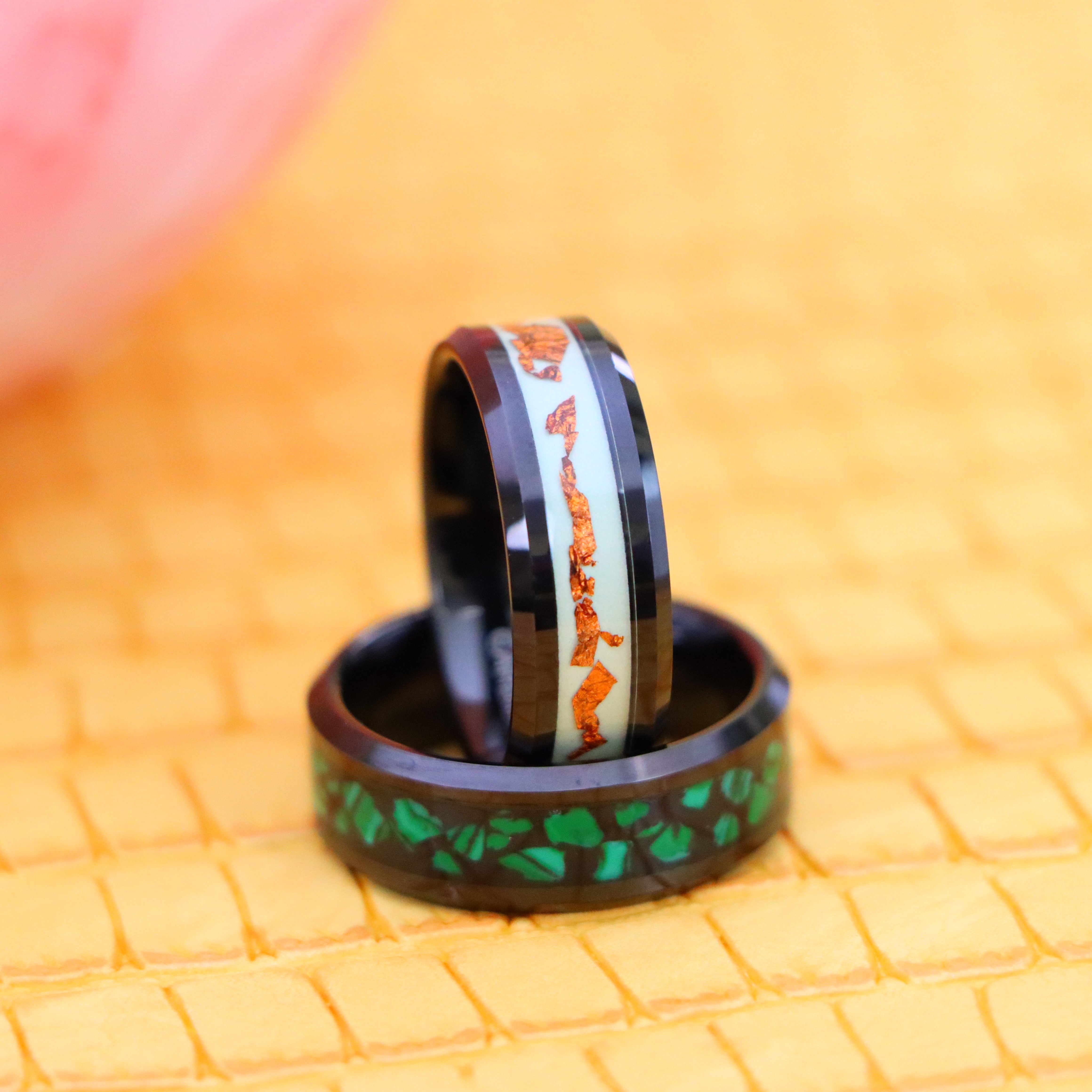 8mm Black IP Plated Malachite Fragments / Scraps Inlay on Luminous Film Tungsten Ring - Men's Fashion Jewelry