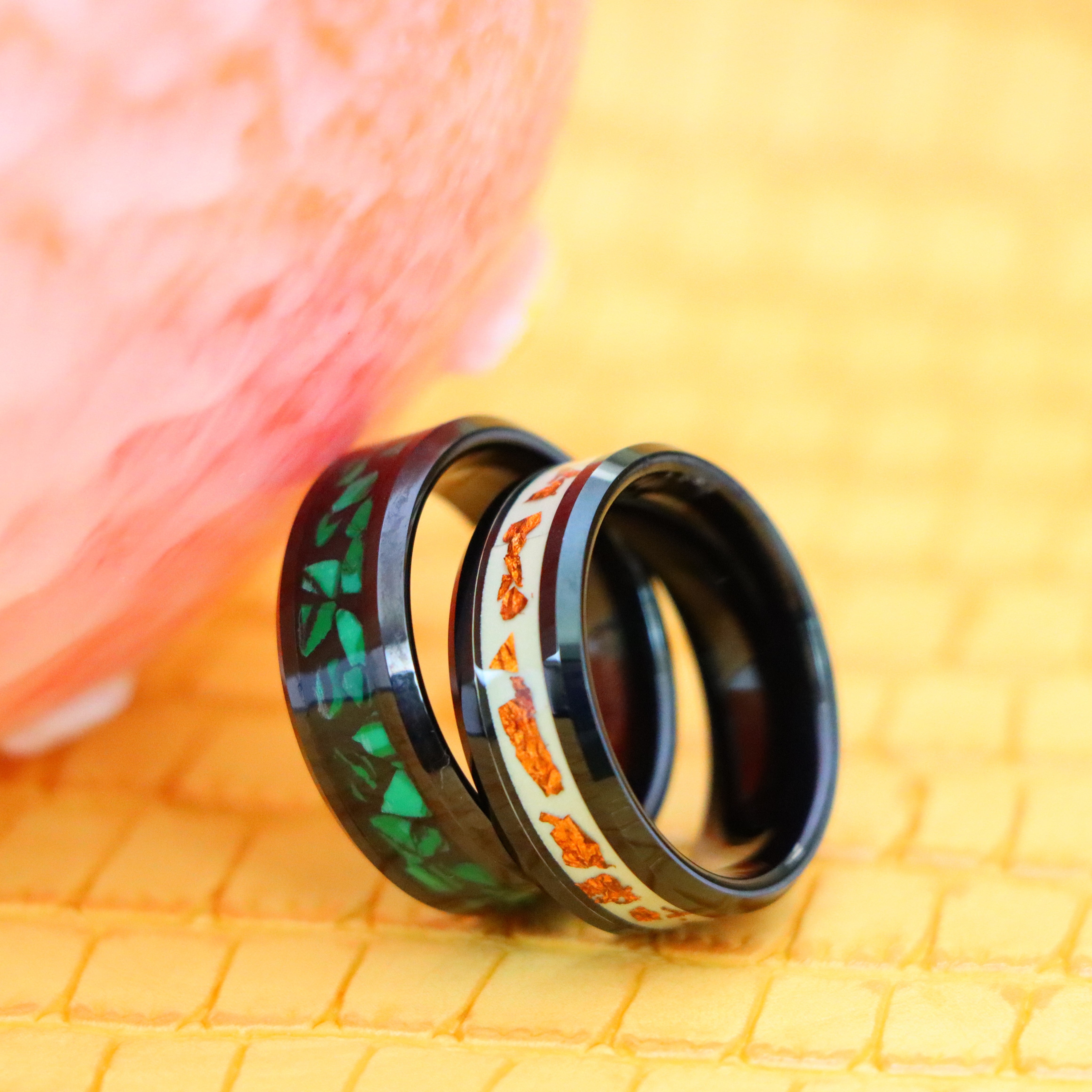 8mm Black IP Plated Malachite Fragments / Scraps Inlay on Luminous Film Tungsten Ring - Men's Fashion Jewelry