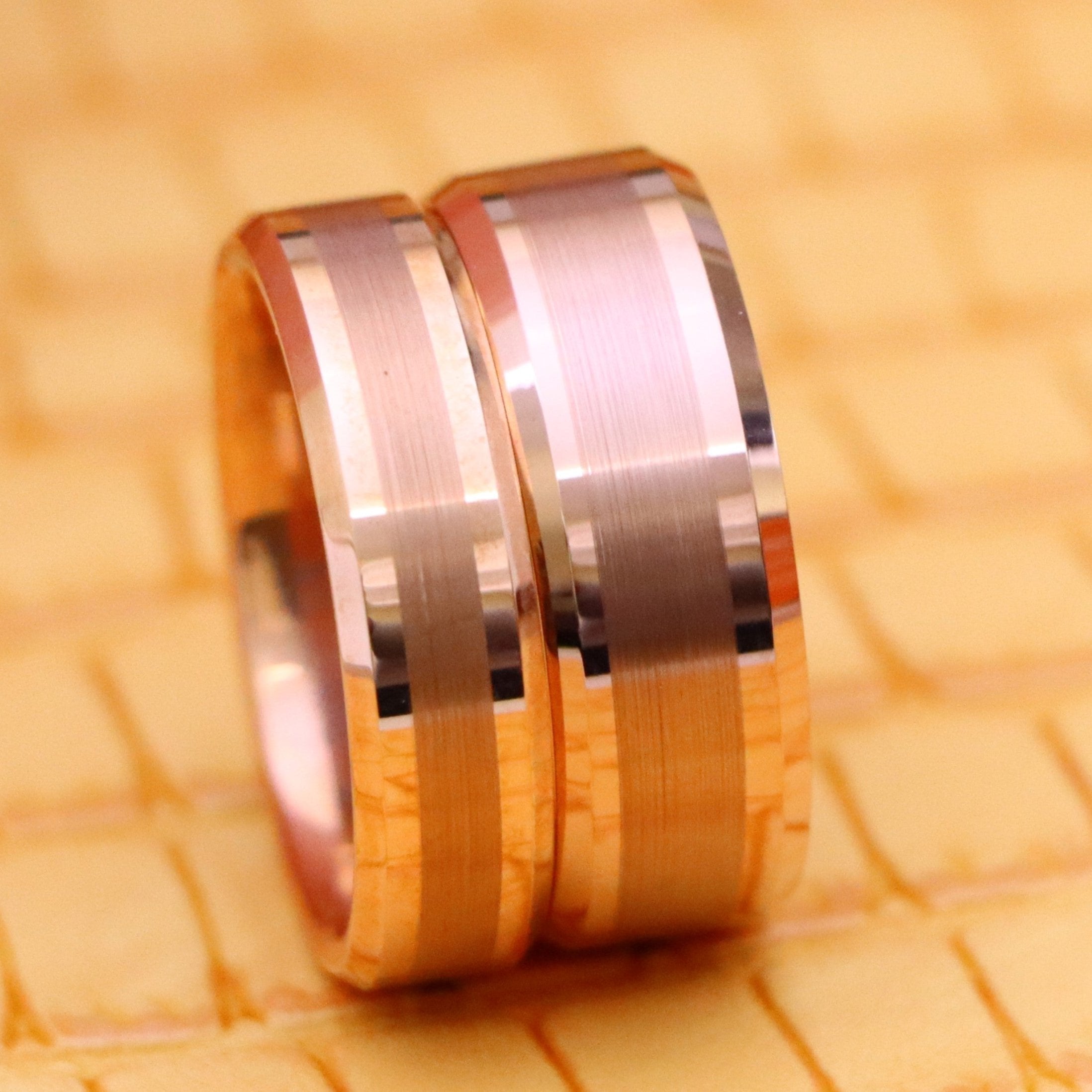 Rose Gold IP Plated Brushed Center High Polish Beveled Edge Tungsten Ring