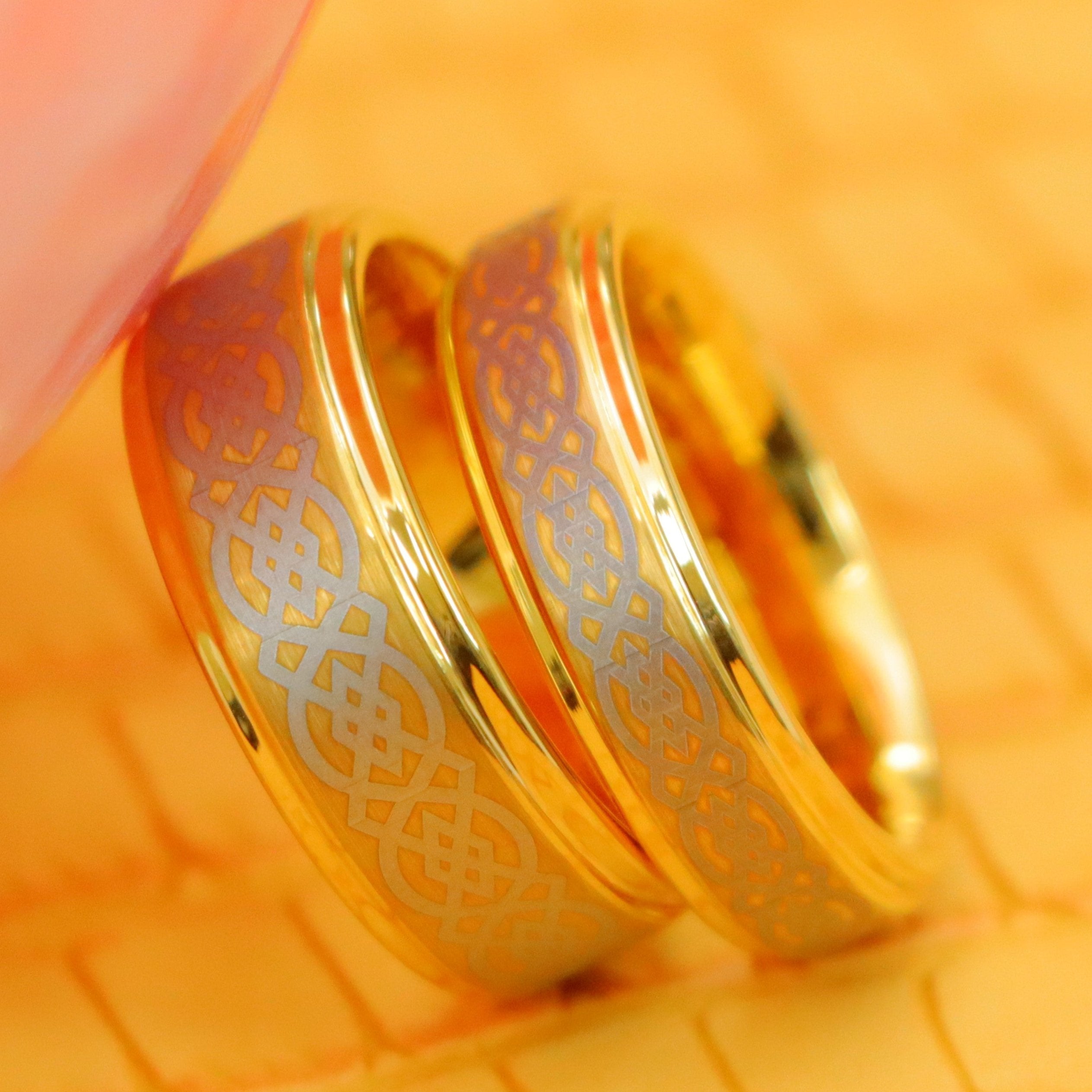 Yellow Gold Plated High Polish Laser Engraved Celtic Knot Pattern Tungsten Ring