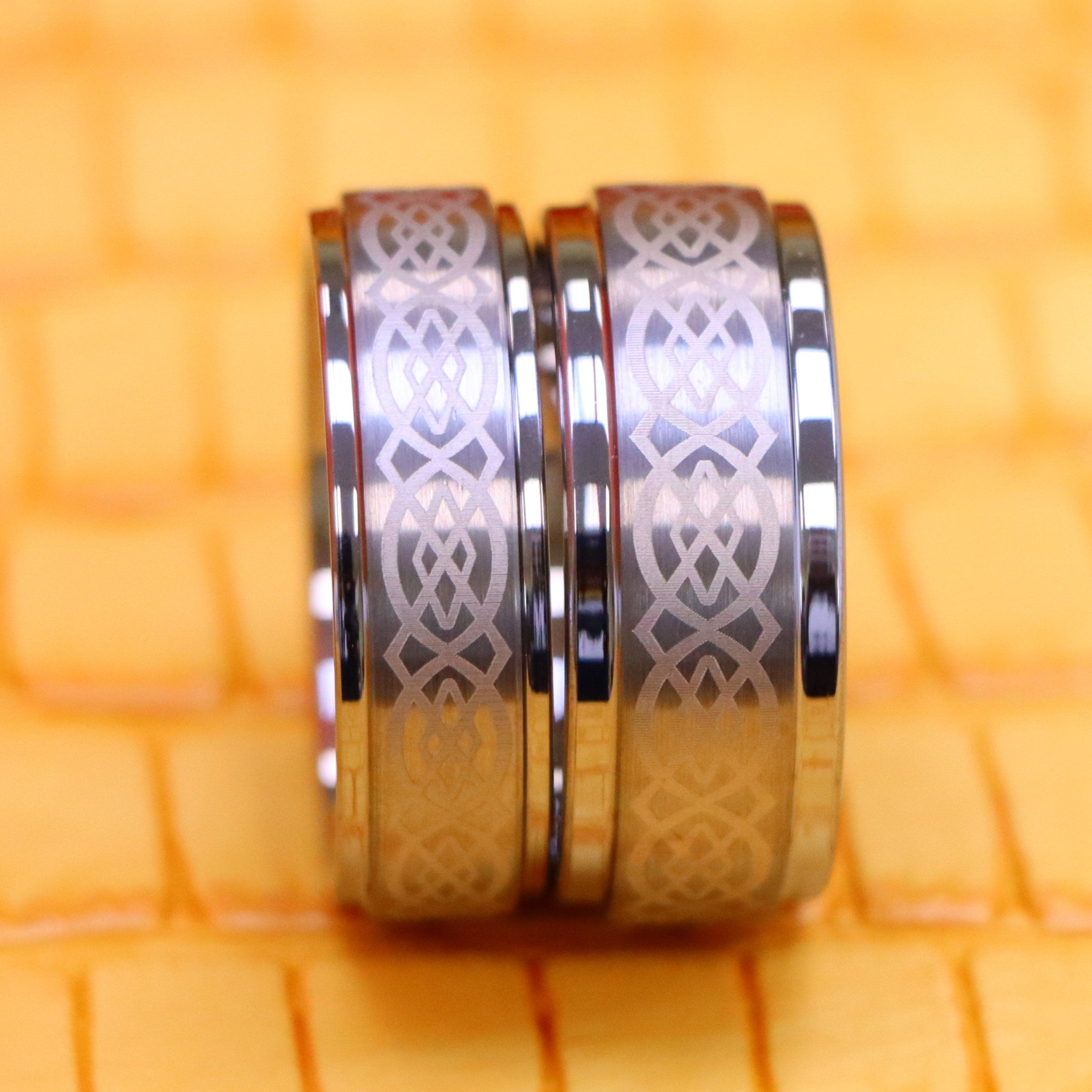 Brushed Center Laser Engraved Celtic Pattern Tungsten Ring