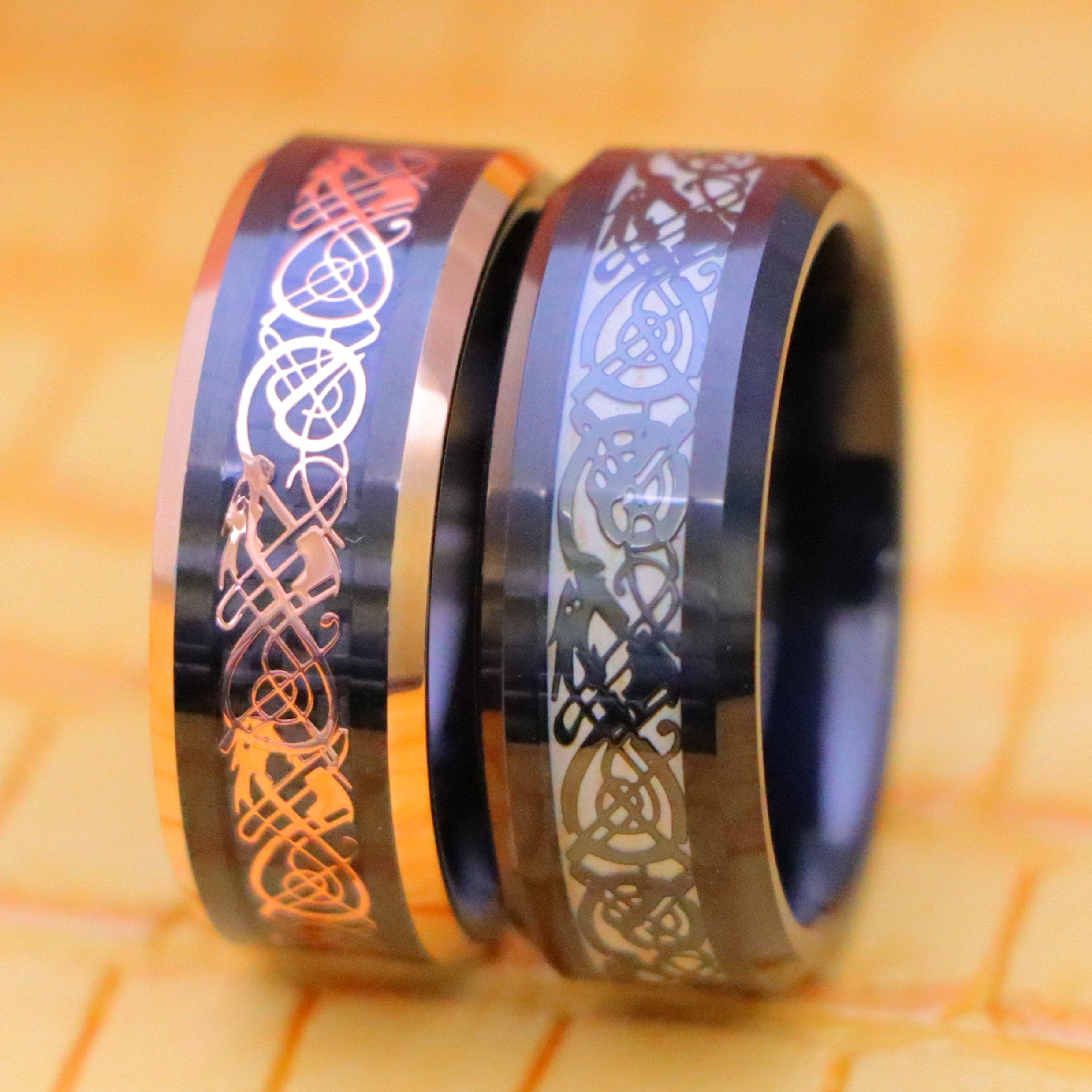 8mm Black/Black &amp; Rose Gold IP Celtic Cut-Out Design Inlay Tungsten Ring