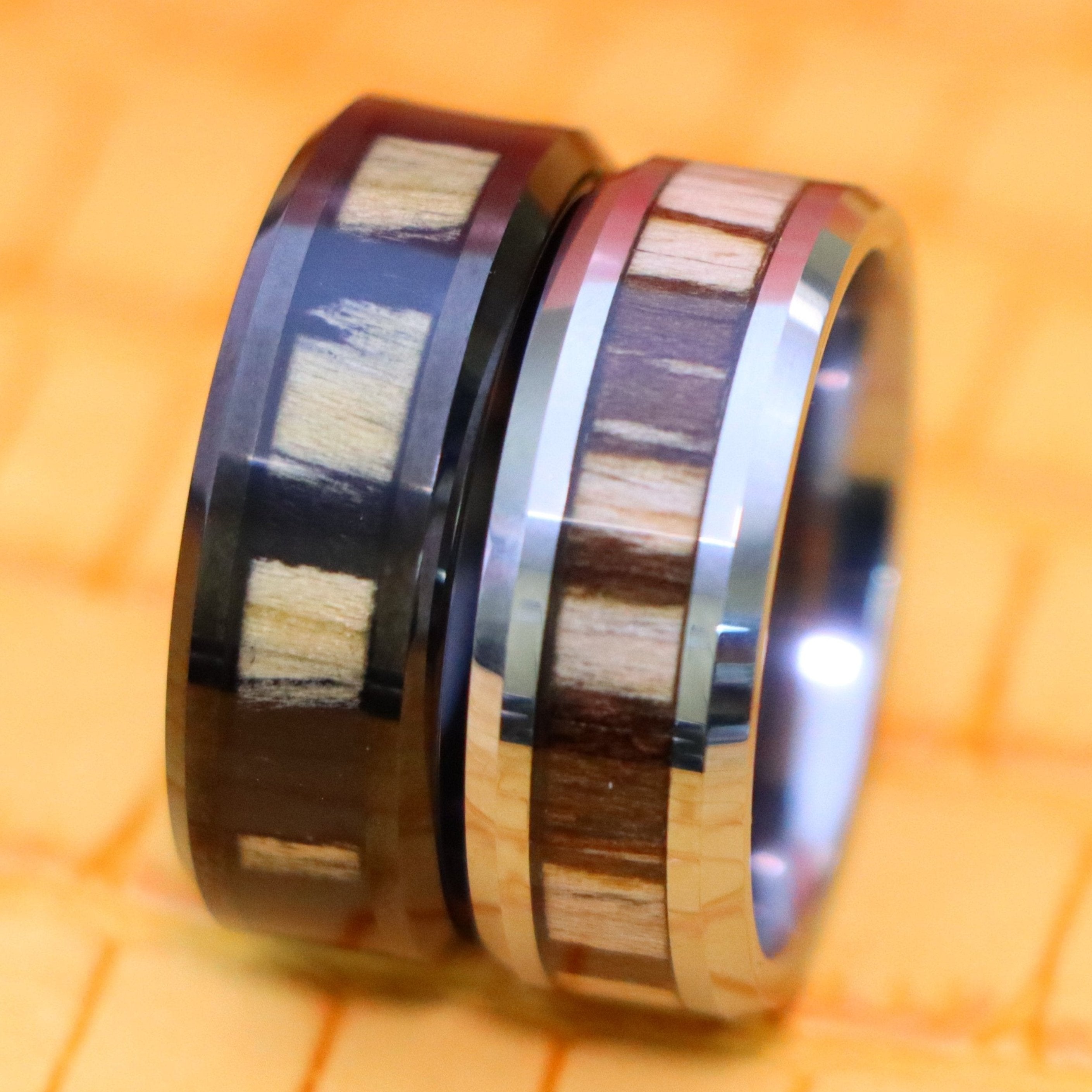 8mm Black IP Plated Zebra Wood Inlay Tungsten Ring - Men's Tungsten Jewelry