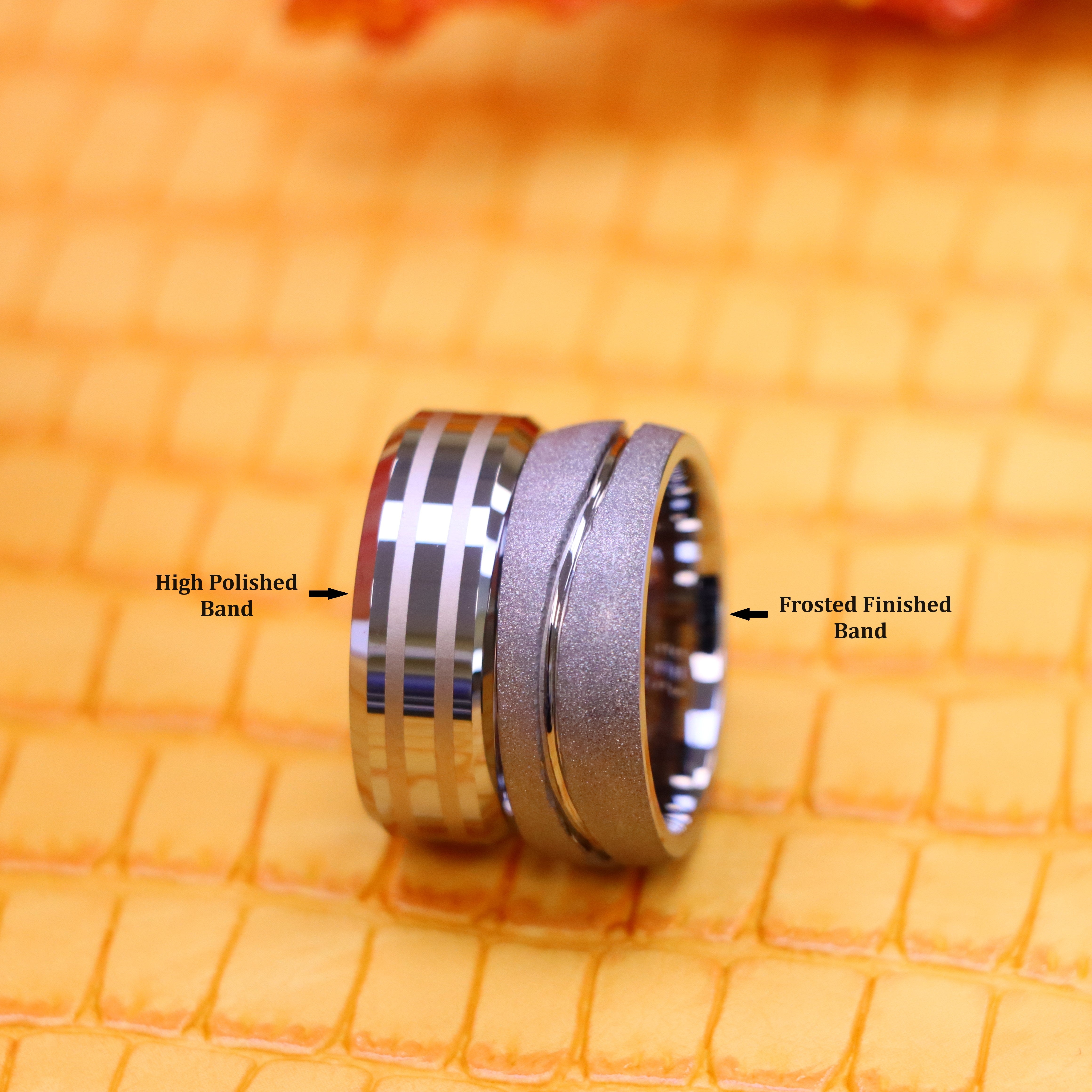 8mm Swirl Design Rough Stone Frosted Finish / High Polish Two Lines Laser Engraved Center Tungsten Ring - Men's Fashion Jewelry