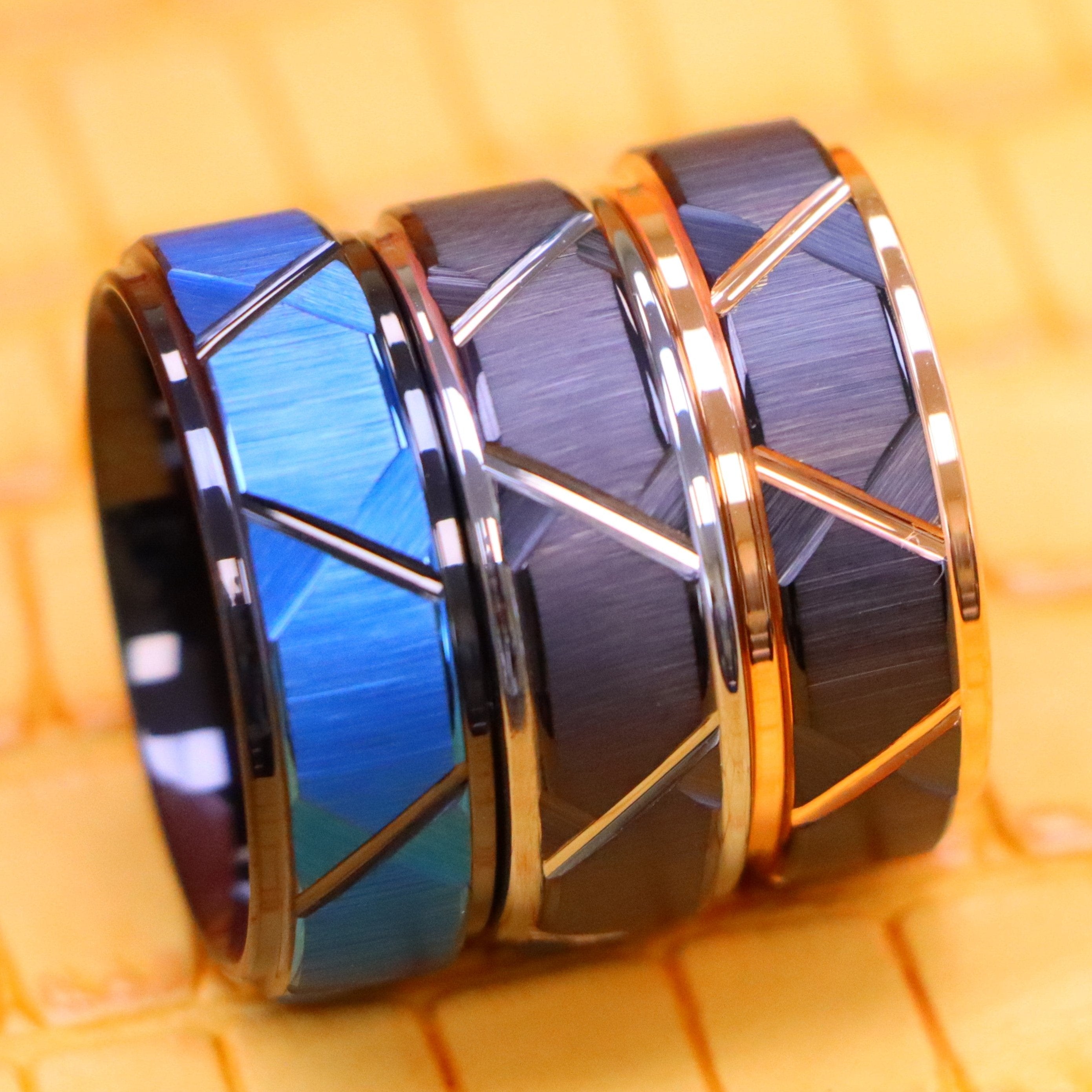 8mm Blue &amp; Black/Black/Rose Gold/Black/Silver IP Plated Trapezoids Stepped Edge Tungsten Ring