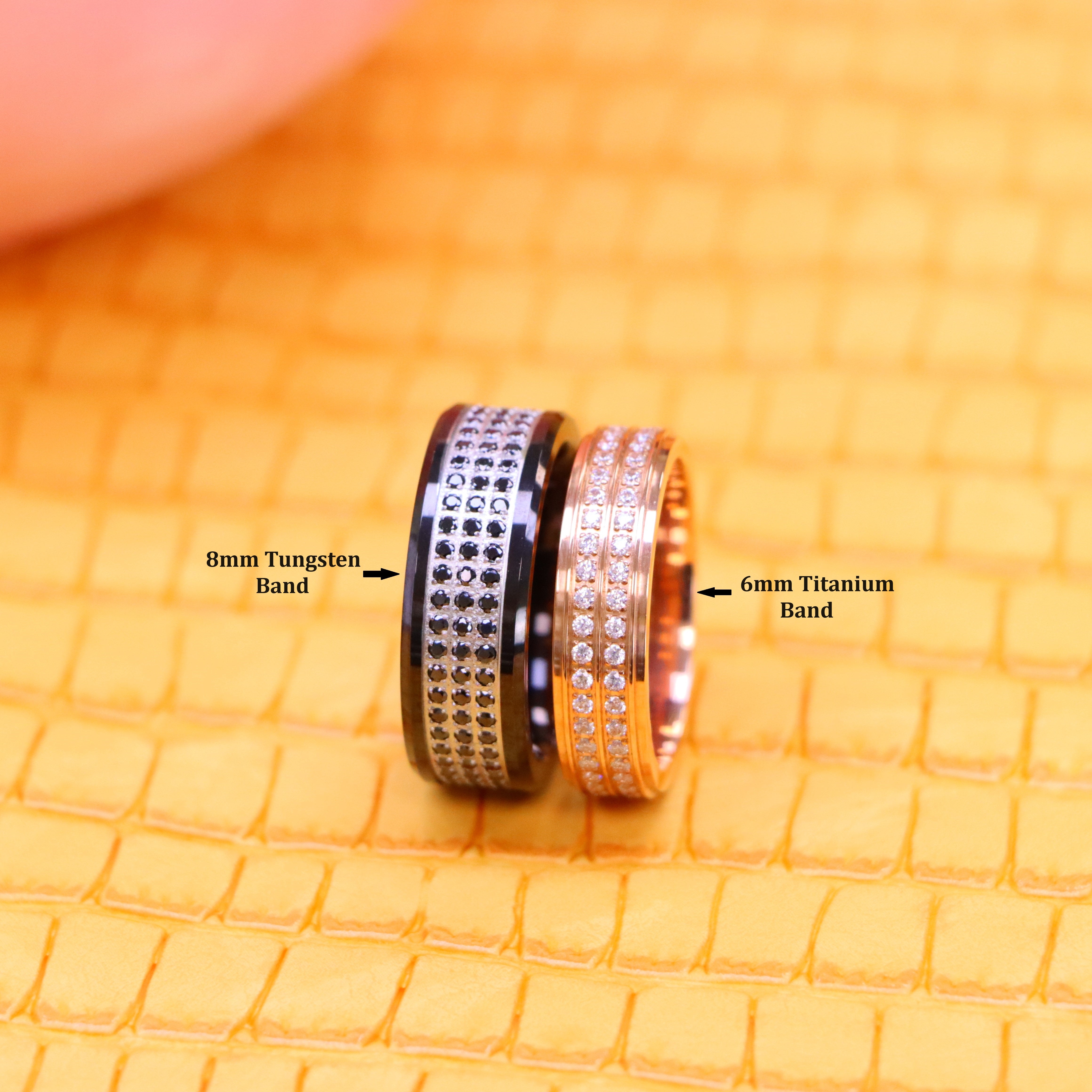 Titanium Rose IP Plated Full Eternity White CZ Titanium Ring - Women's Jewelry, Black IP Plated 3-Rows Black CZ Eternity Tungsten Ring - Men's Jewelry