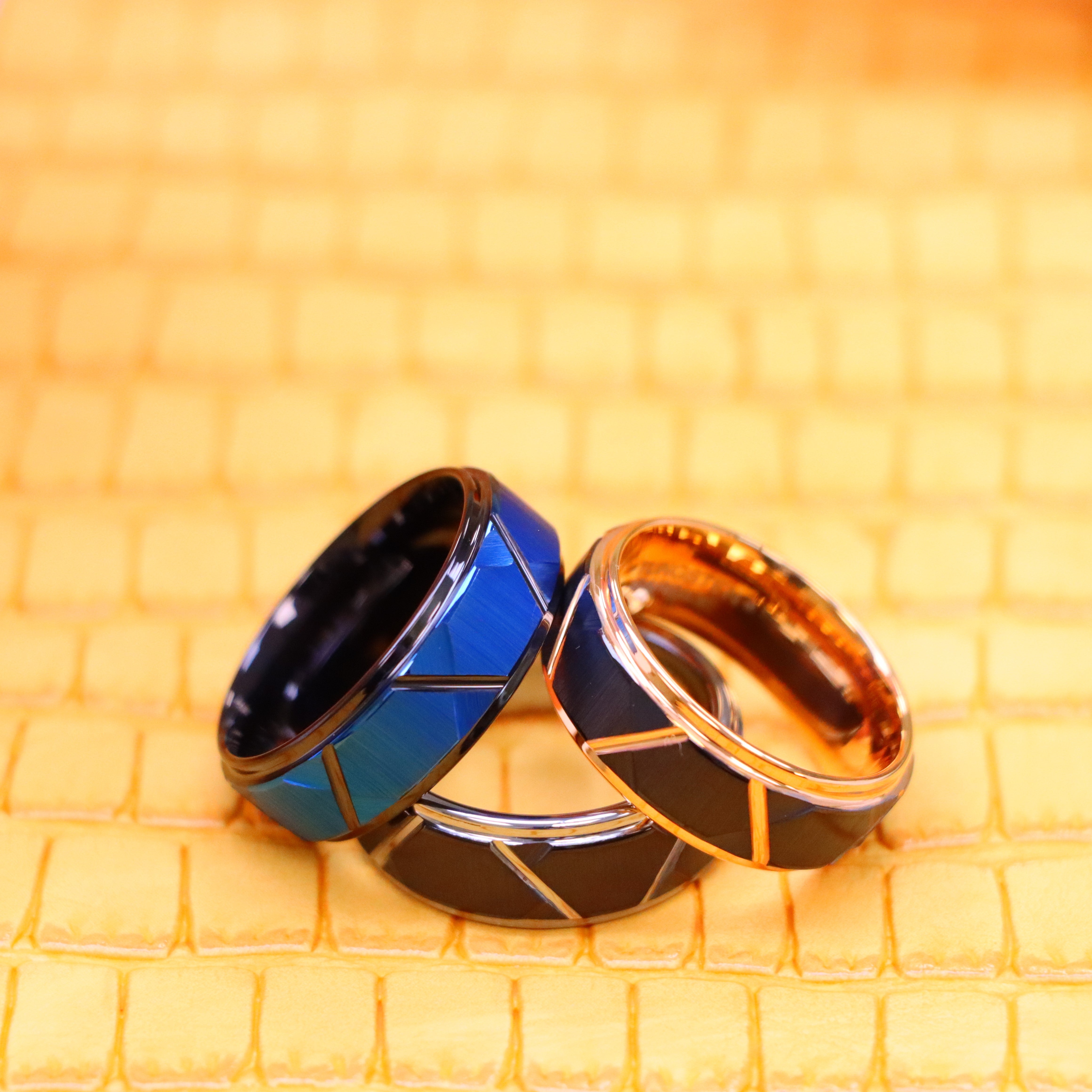 8mm Blue &amp; Black/Black/Rose Gold/Black/Silver IP Plated Trapezoids Stepped Edge Tungsten Ring