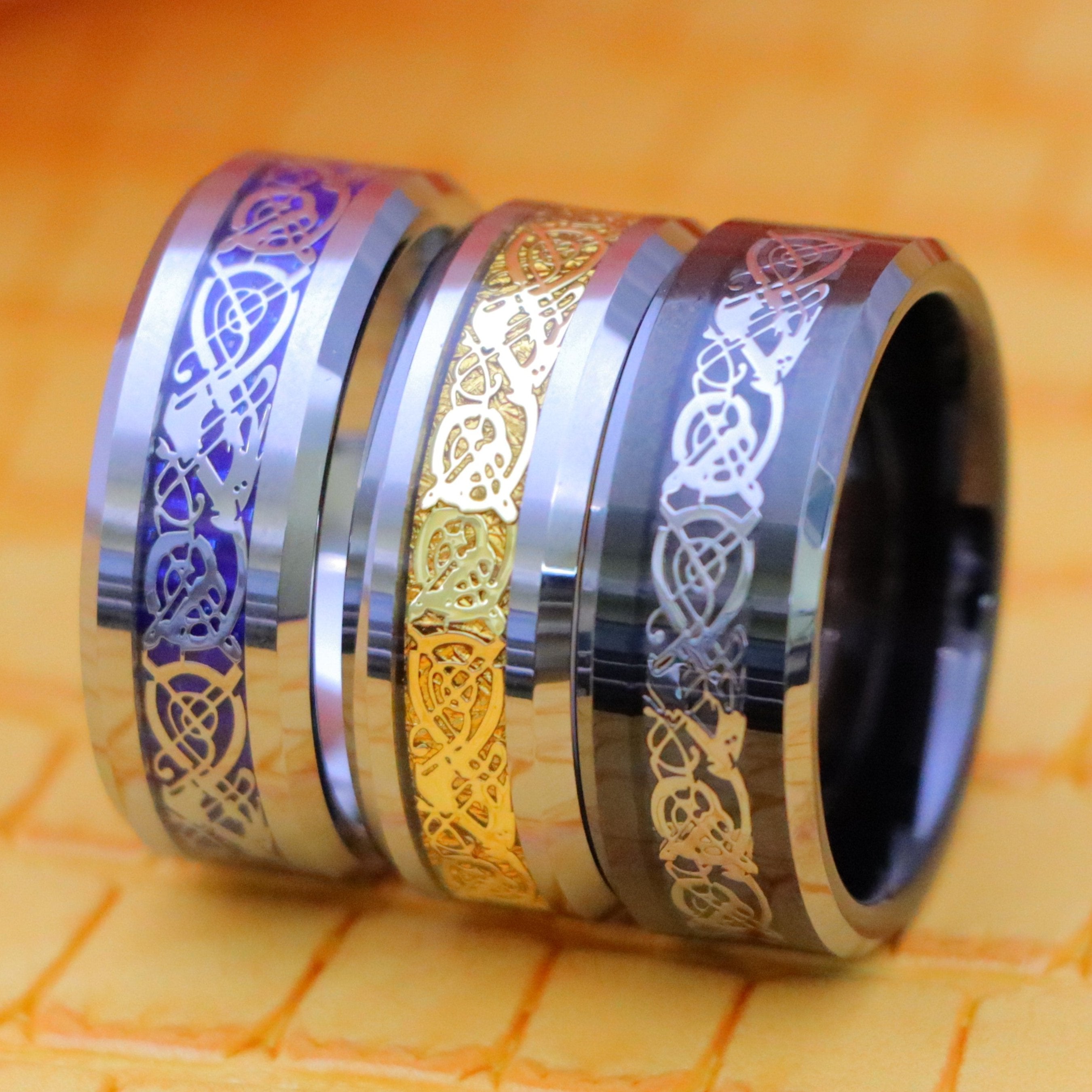 8mm Shiny Beveled Edge Tungsten Ring with Golden/Blue/Stainless Steel Celtic Dragon Cut-Out Inlay