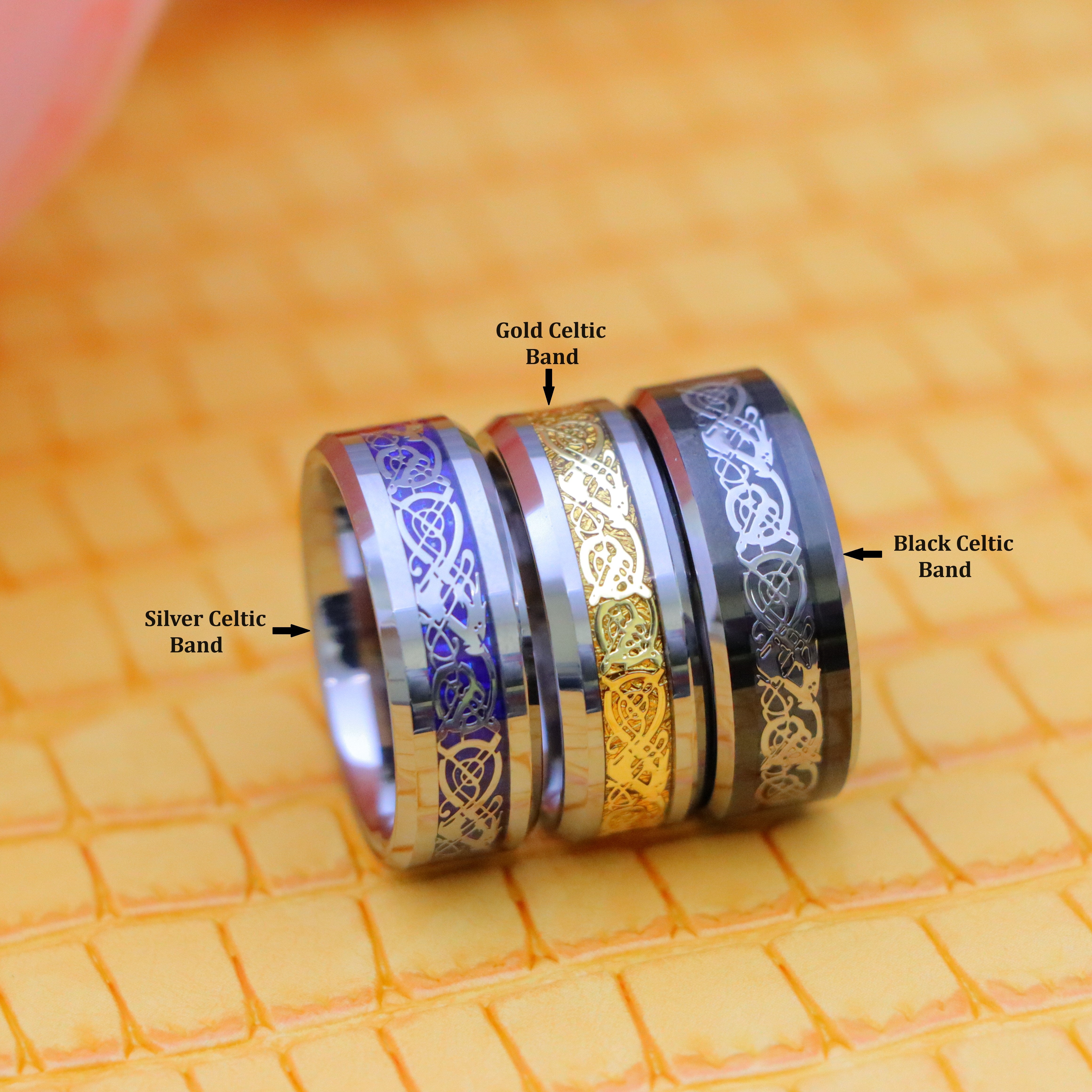 8mm Shiny Beveled Edge Tungsten Ring with Golden/Blue/Stainless Steel Celtic Dragon Cut-Out Inlay