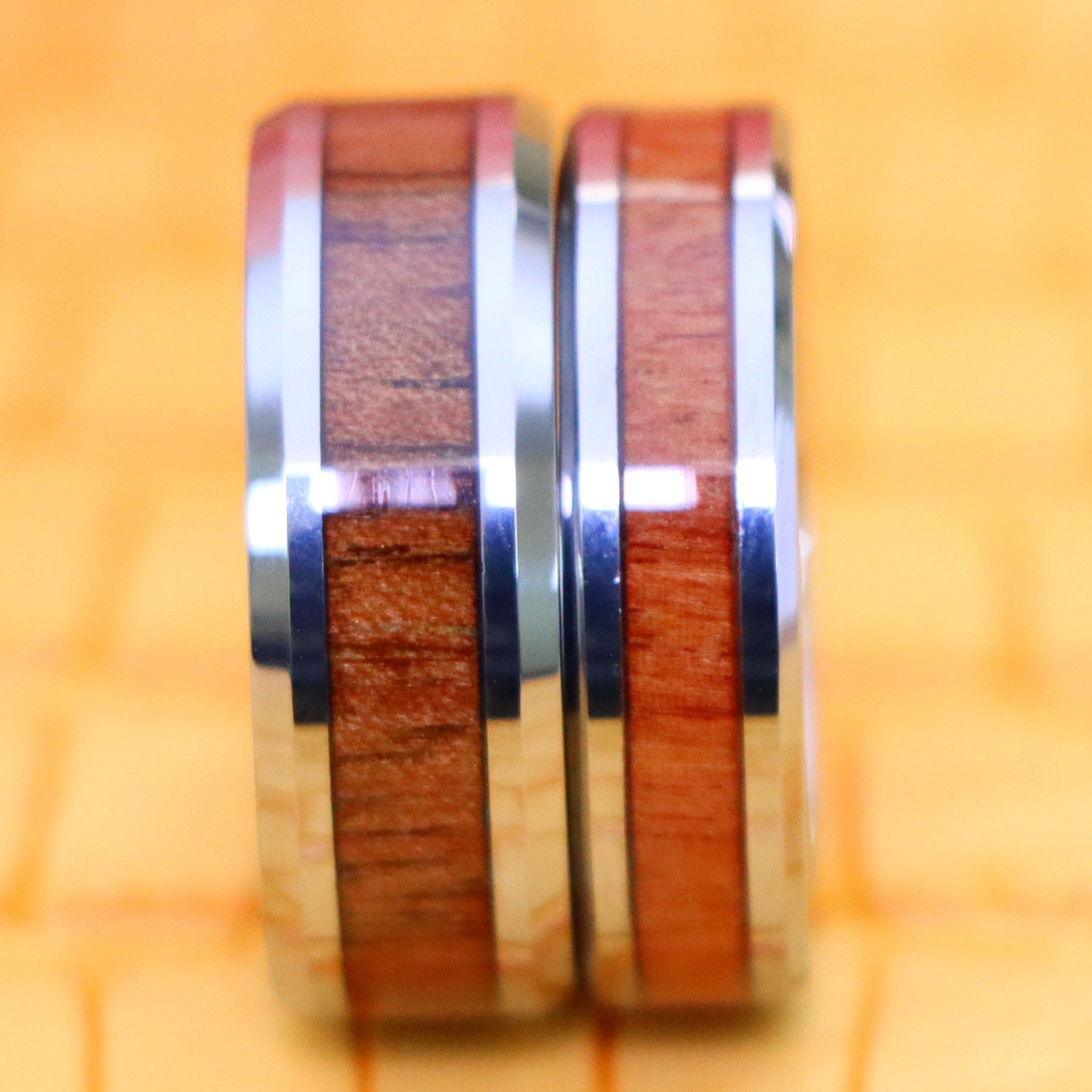 High Polished with Mahogany Wood Inlay Beveled Edge Tungsten Ring